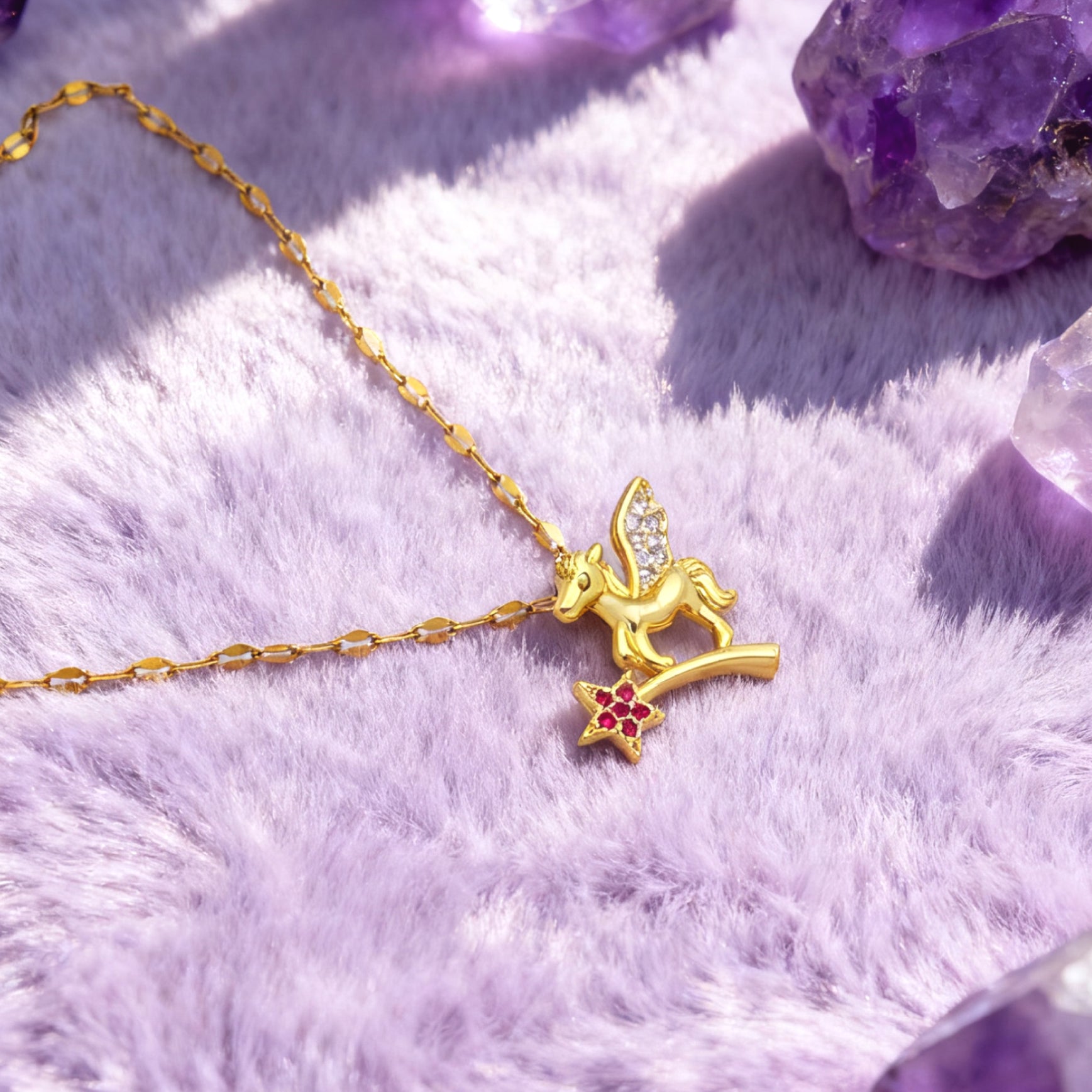 “Étreinte” Stardust Pegasus Pendant Necklace — 18K Gold‑Plated, Diamond‑Style