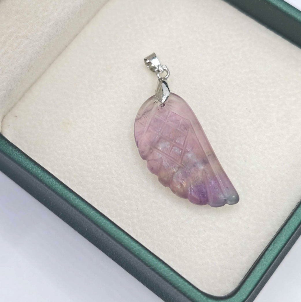“Léger” Angel Wing Pendant — Hand‑Cut Rainbow Fluorite