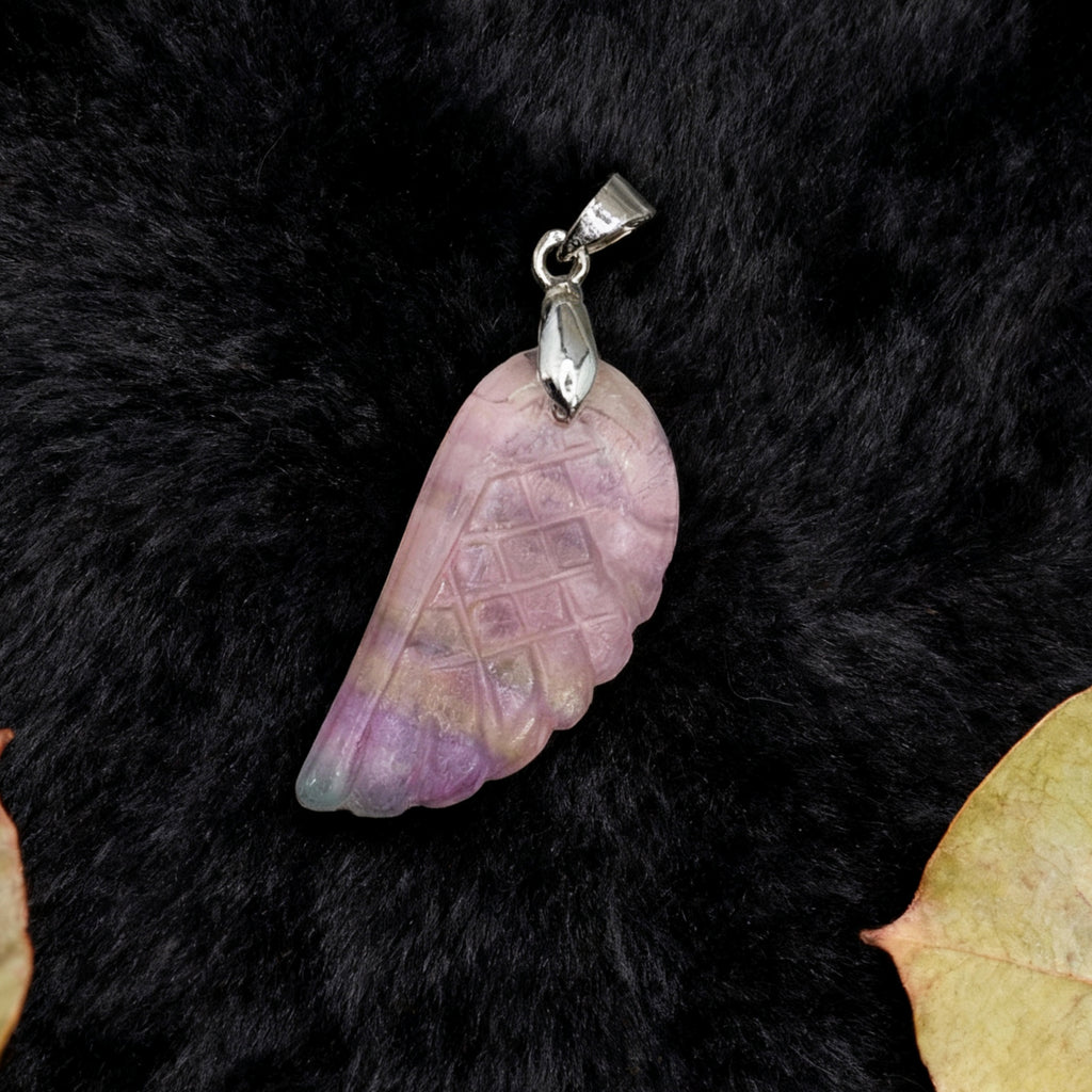 “Léger” Angel Wing Pendant — Hand‑Cut Rainbow Fluorite
