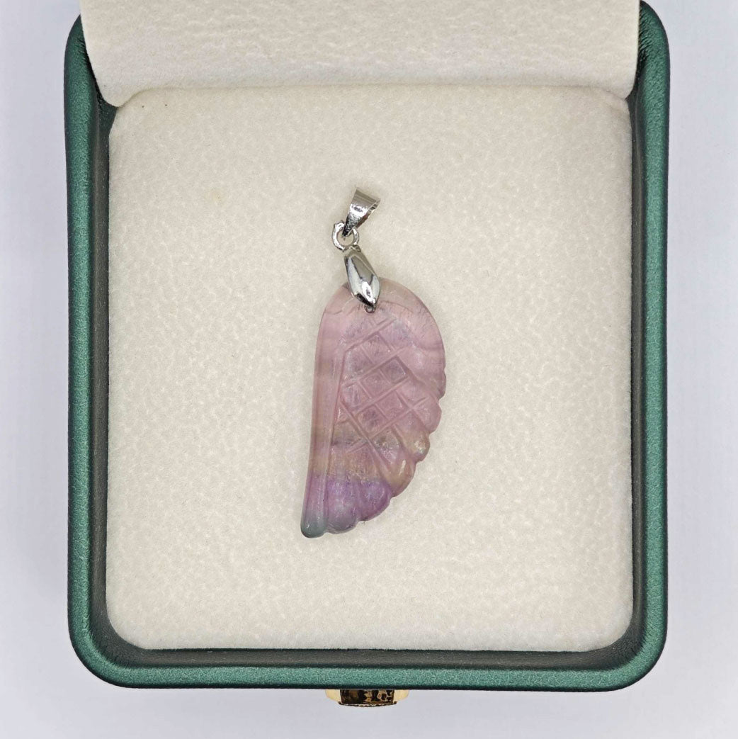 “Léger” Angel Wing Pendant — Hand‑Cut Rainbow Fluorite