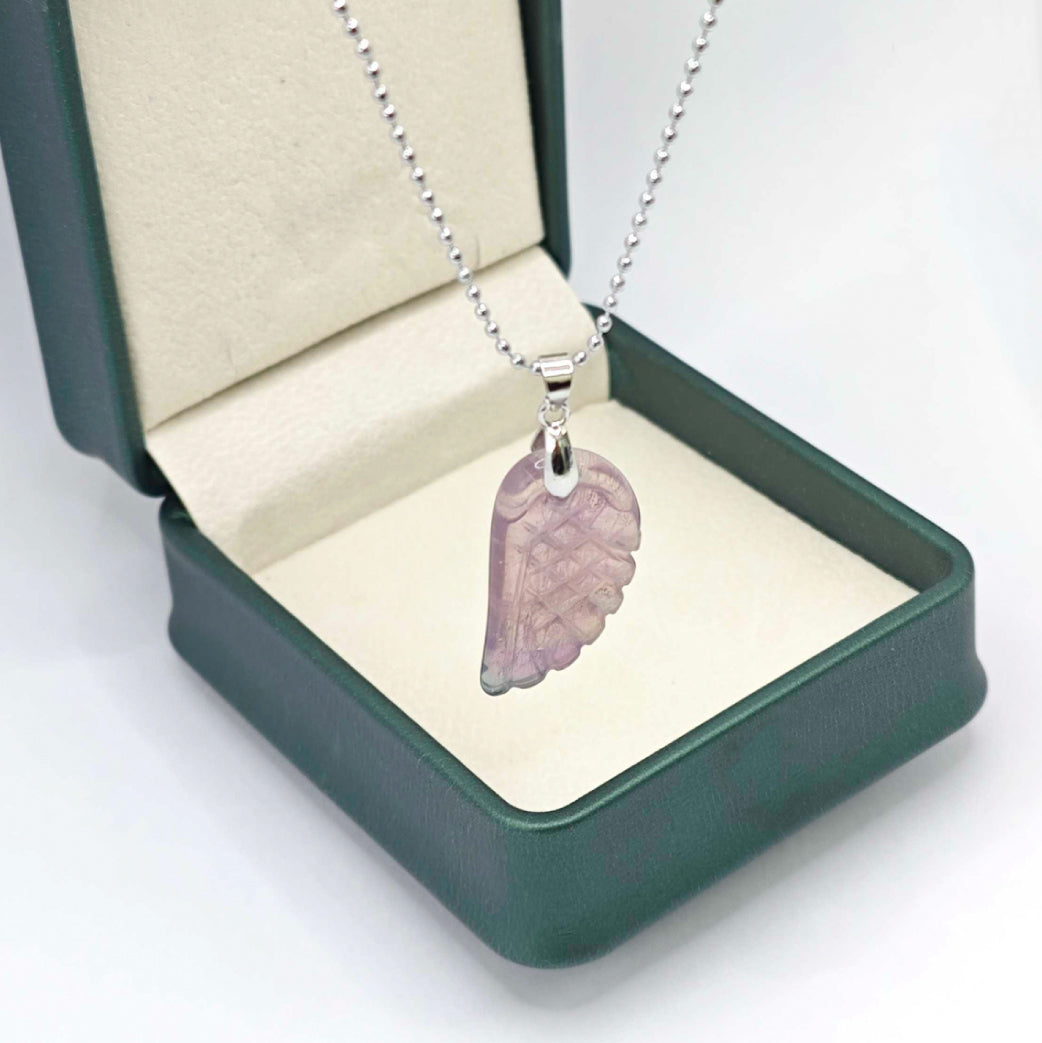 “Léger” Angel Wing Pendant — Hand‑Cut Rainbow Fluorite