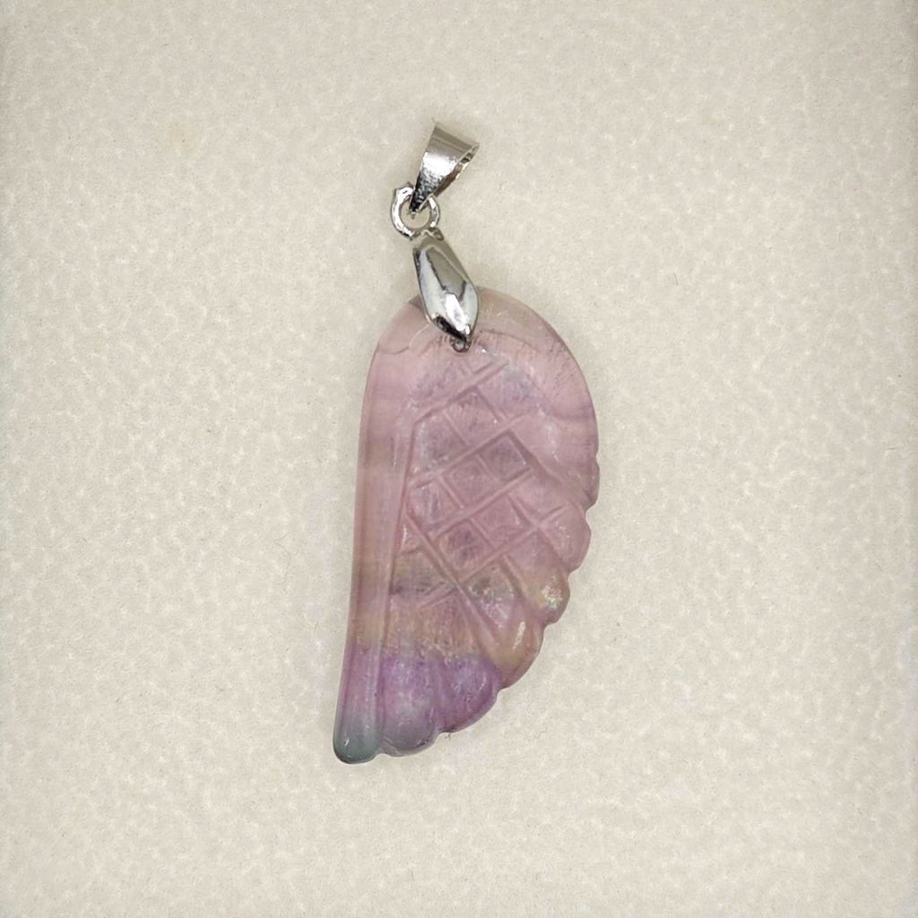 “Léger” Angel Wing Pendant — Hand‑Cut Rainbow Fluorite