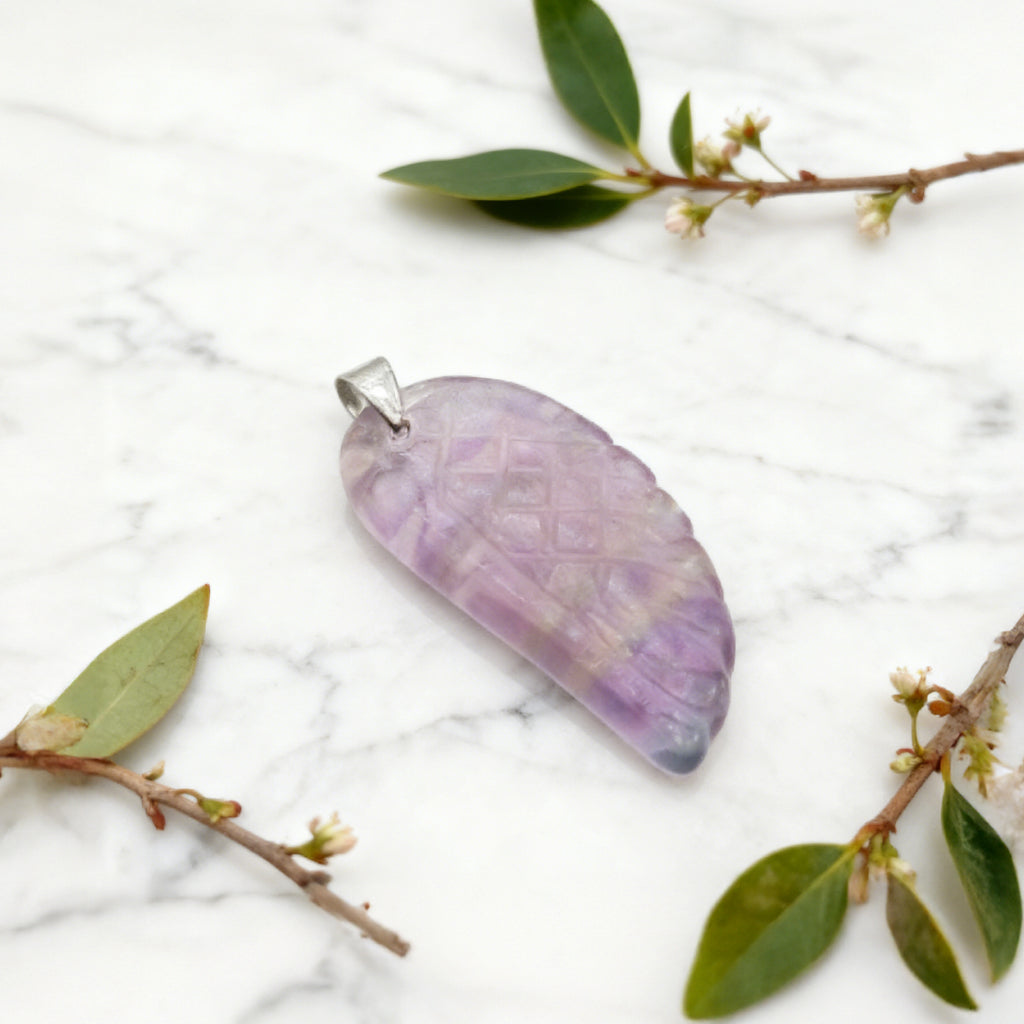 “Léger” Angel Wing Pendant — Hand‑Cut Rainbow Fluorite