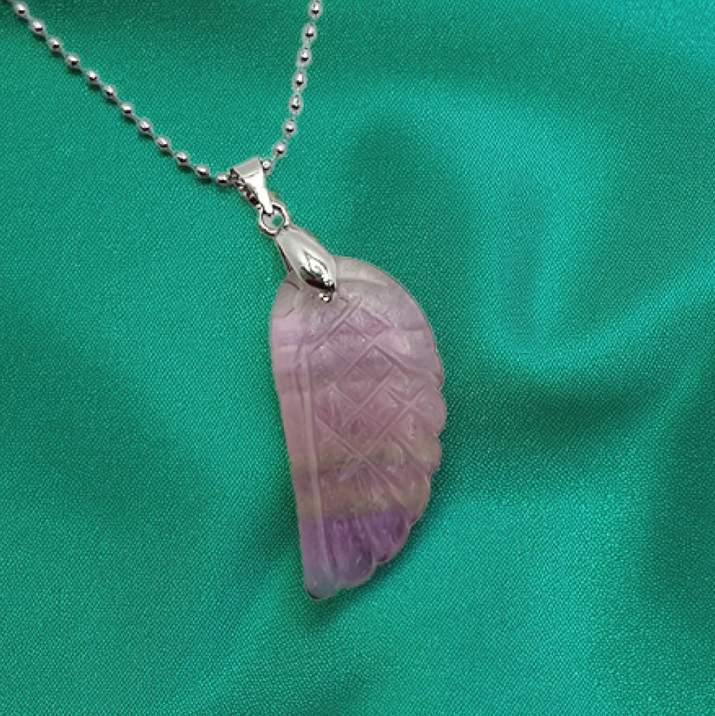 “Léger” Angel Wing Pendant — Hand‑Cut Rainbow Fluorite