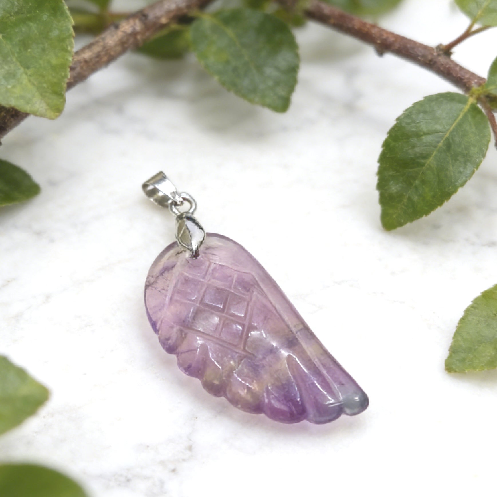 “Léger” Angel Wing Pendant — Hand‑Cut Rainbow Fluorite