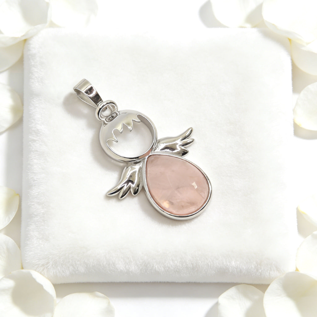 “Léger” Teardrop Angel Pendant — Natural Rose Quartz