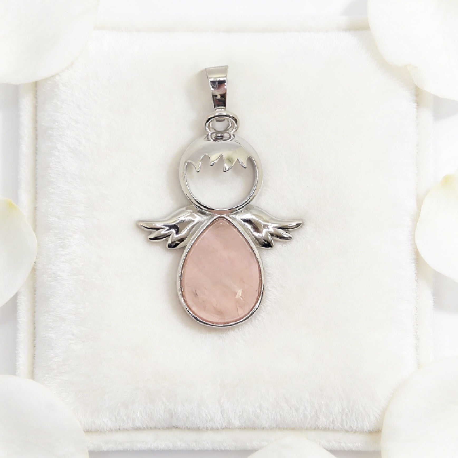 “Léger” Teardrop Angel Pendant — Natural Rose Quartz