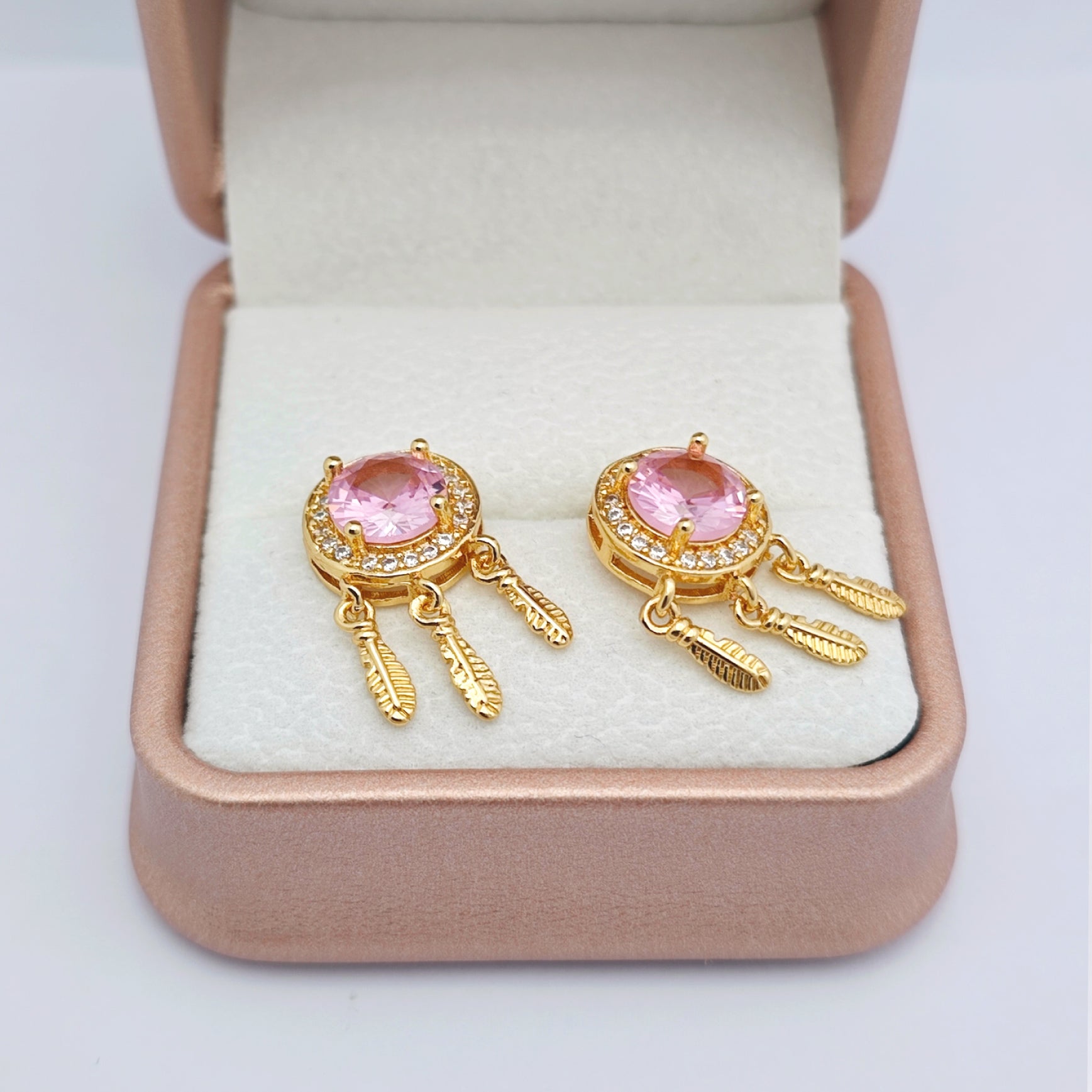 “Éclat” Dreamcatcher Petal Earrings — 18K Gold‑Plated, Pink-Diamond Style