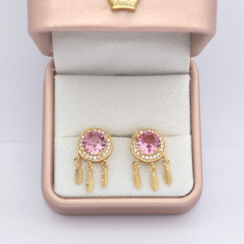 “Éclat” Dreamcatcher Petal Earrings — 18K Gold‑Plated, Pink-Diamond Style