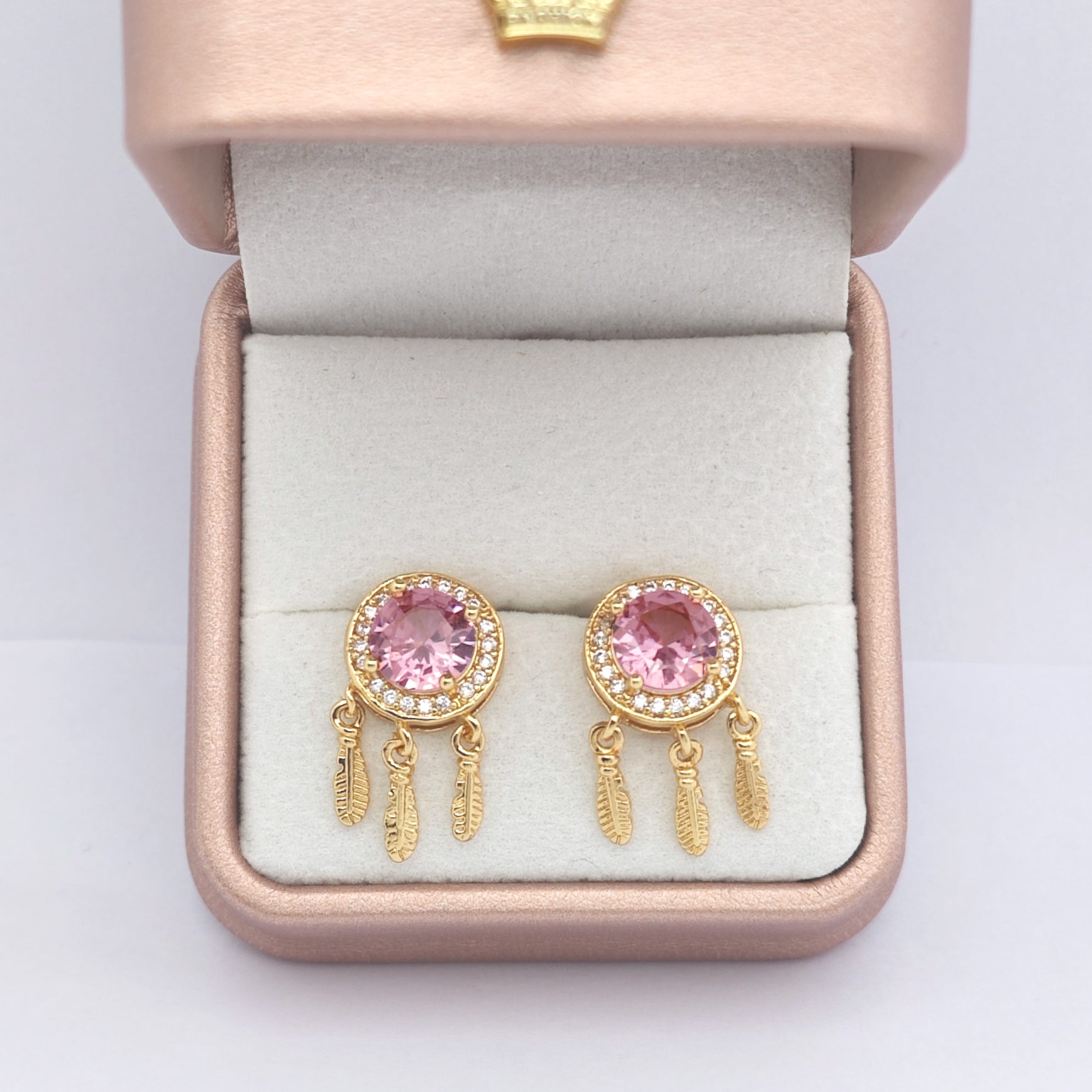 “Éclat” Dreamcatcher Petal Earrings — 18K Gold‑Plated, Pink-Diamond Style
