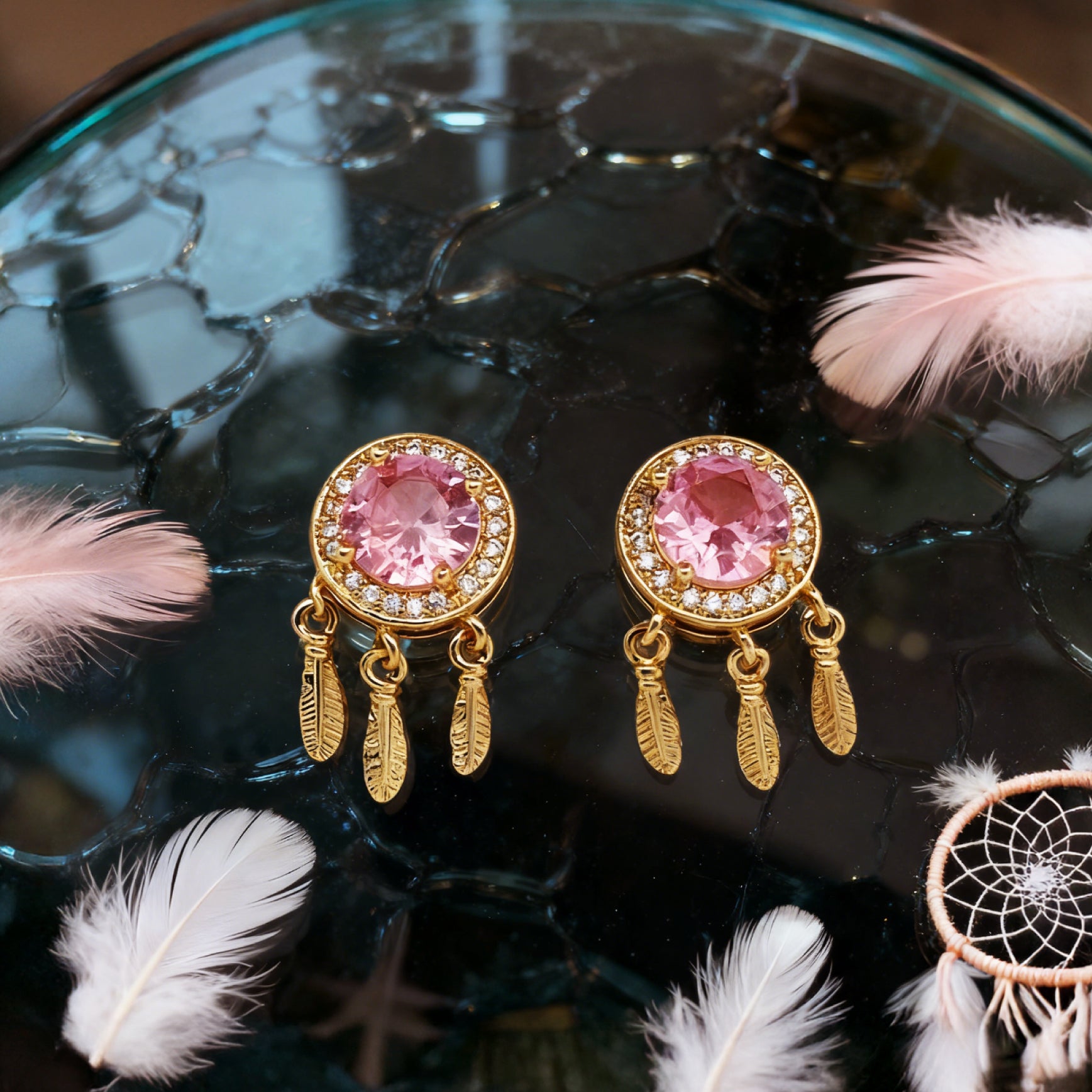 “Éclat” Dreamcatcher Petal Earrings — 18K Gold‑Plated, Pink-Diamond Style