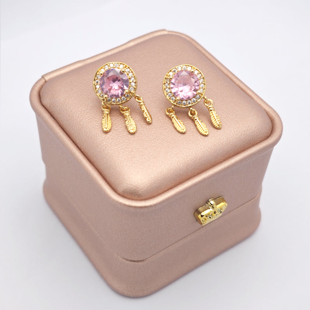 “Éclat” Dreamcatcher Petal Earrings — 18K Gold‑Plated, Pink-Diamond Style