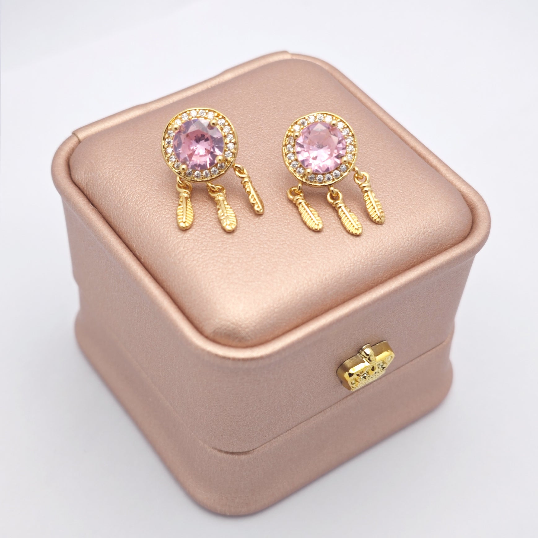 “Éclat” Dreamcatcher Petal Earrings — 18K Gold‑Plated, Pink-Diamond Style