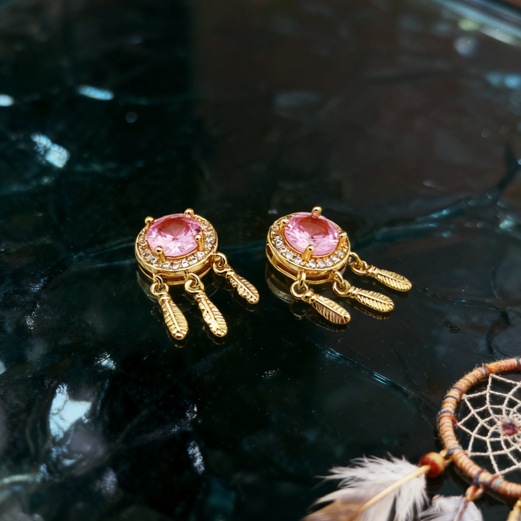 “Éclat” Dreamcatcher Petal Earrings — 18K Gold‑Plated, Pink-Diamond Style