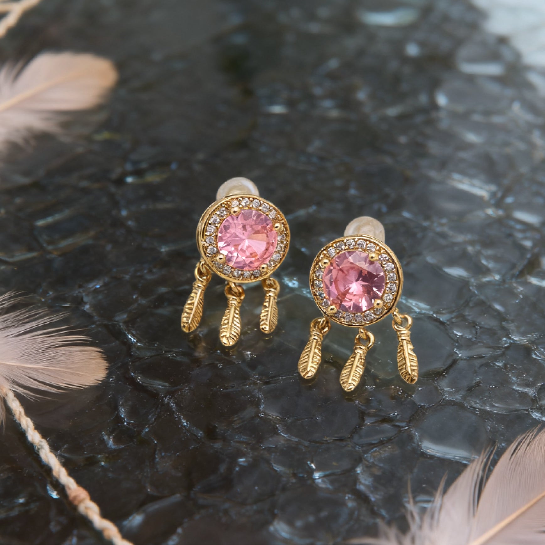 “Éclat” Dreamcatcher Petal Earrings — 18K Gold‑Plated, Pink-Diamond Style