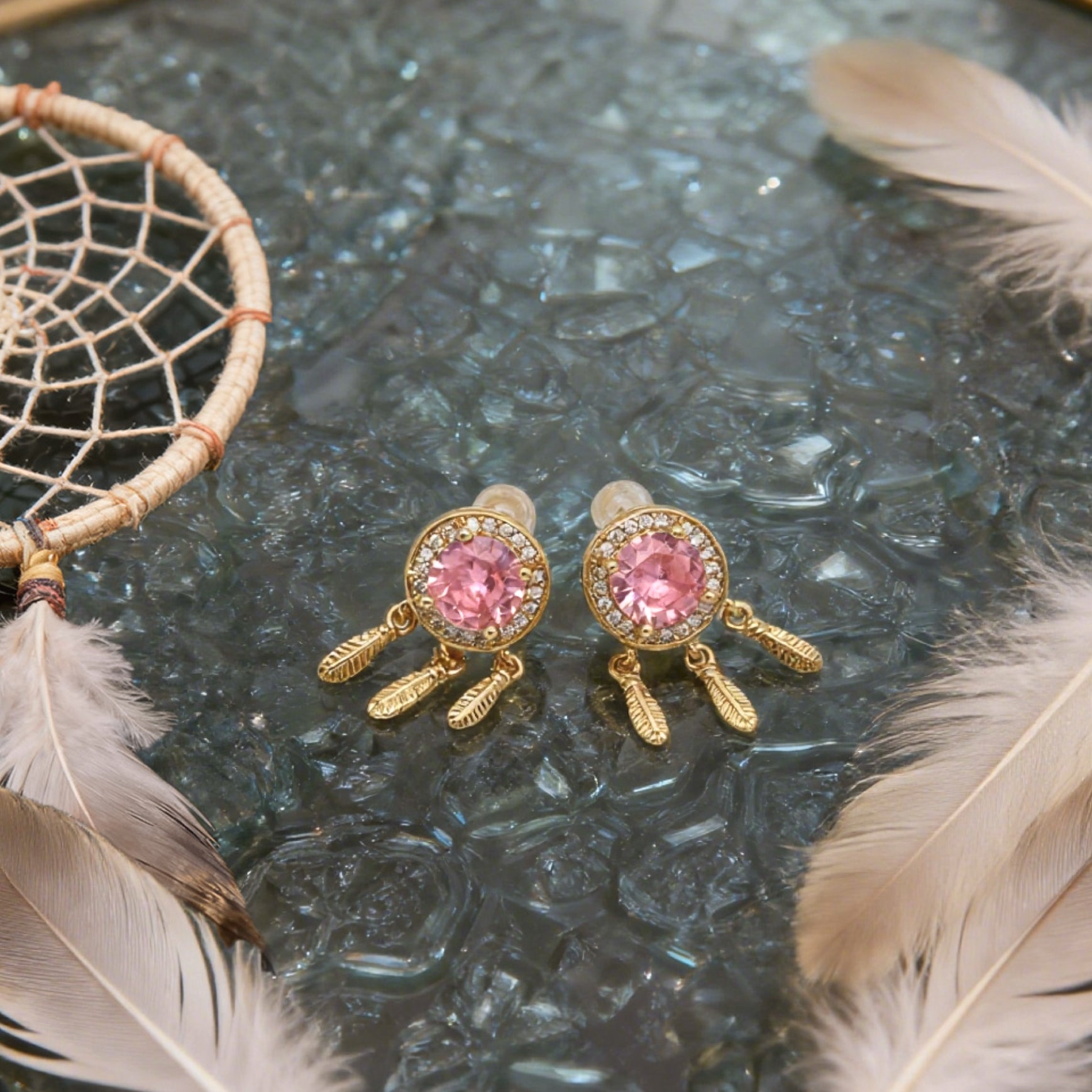 “Éclat” Dreamcatcher Petal Earrings — 18K Gold‑Plated, Pink-Diamond Style