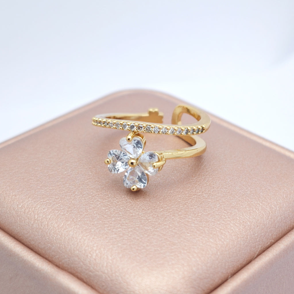 "Toujours" Lucky Bloom Open Ring — 18K Gold‑Plated, Crystal Style