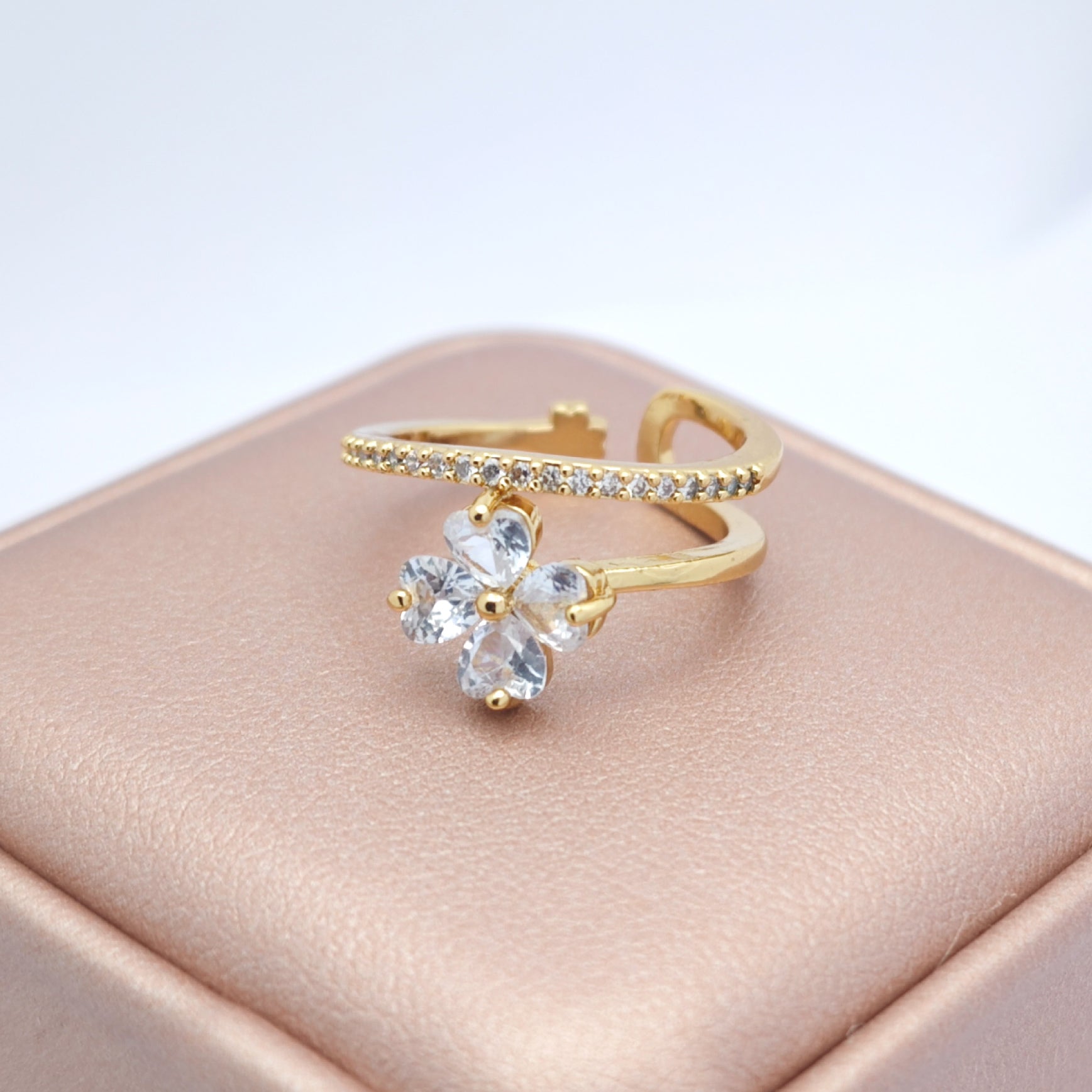 "Toujours" Lucky Bloom Open Ring — 18K Gold‑Plated, Crystal Style