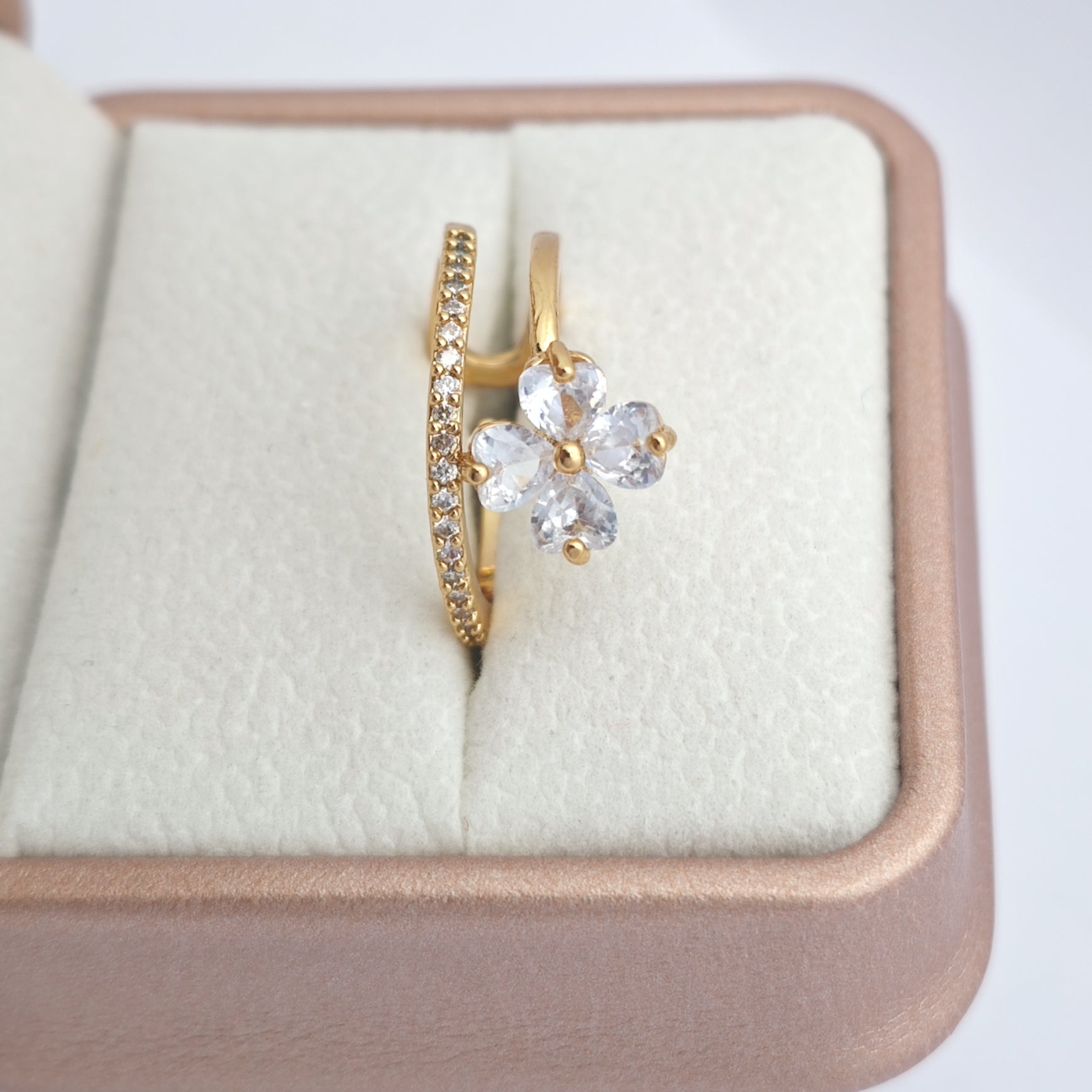 "Toujours" Lucky Bloom Open Ring — 18K Gold‑Plated, Crystal Style