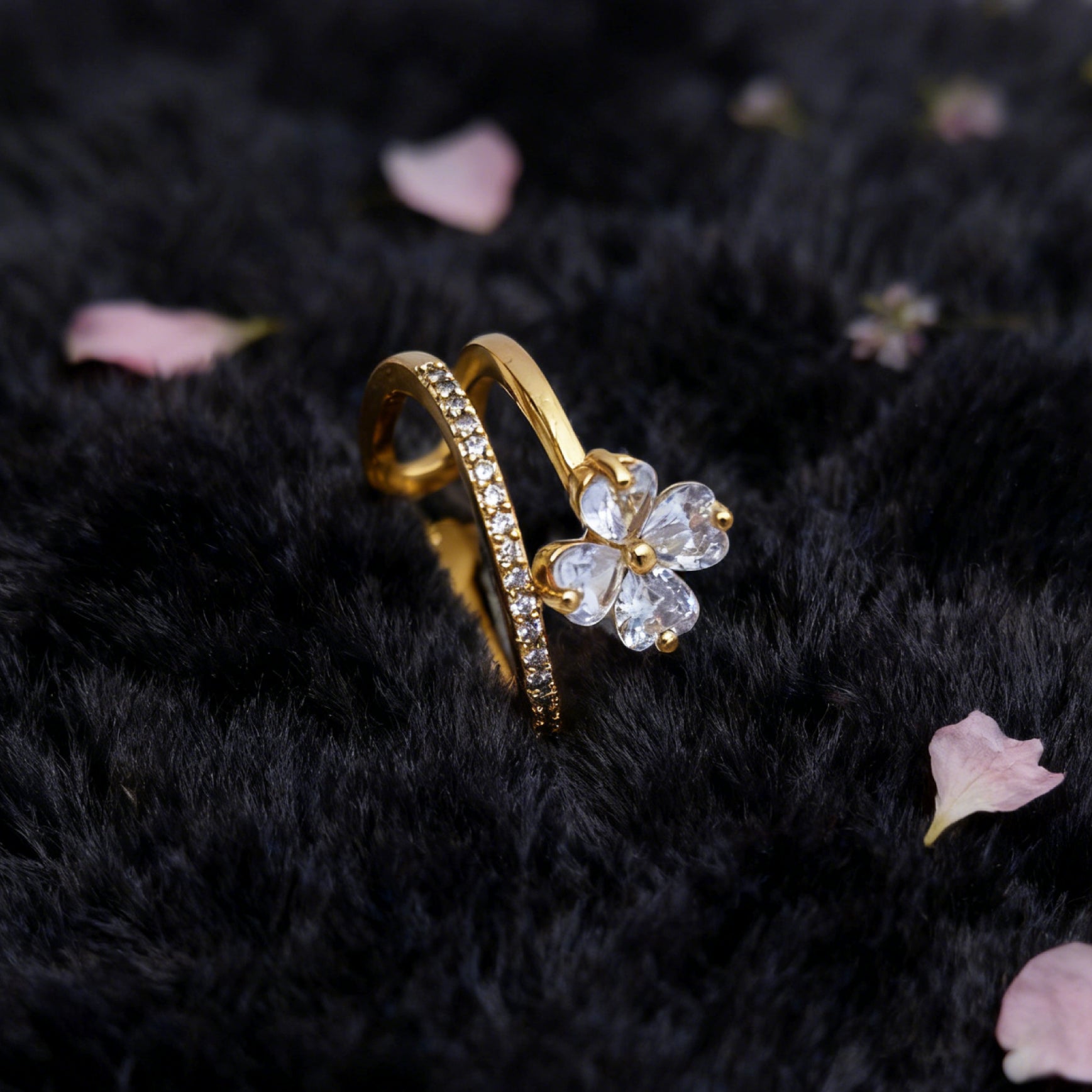 "Toujours" Lucky Bloom Open Ring — 18K Gold‑Plated, Crystal Style