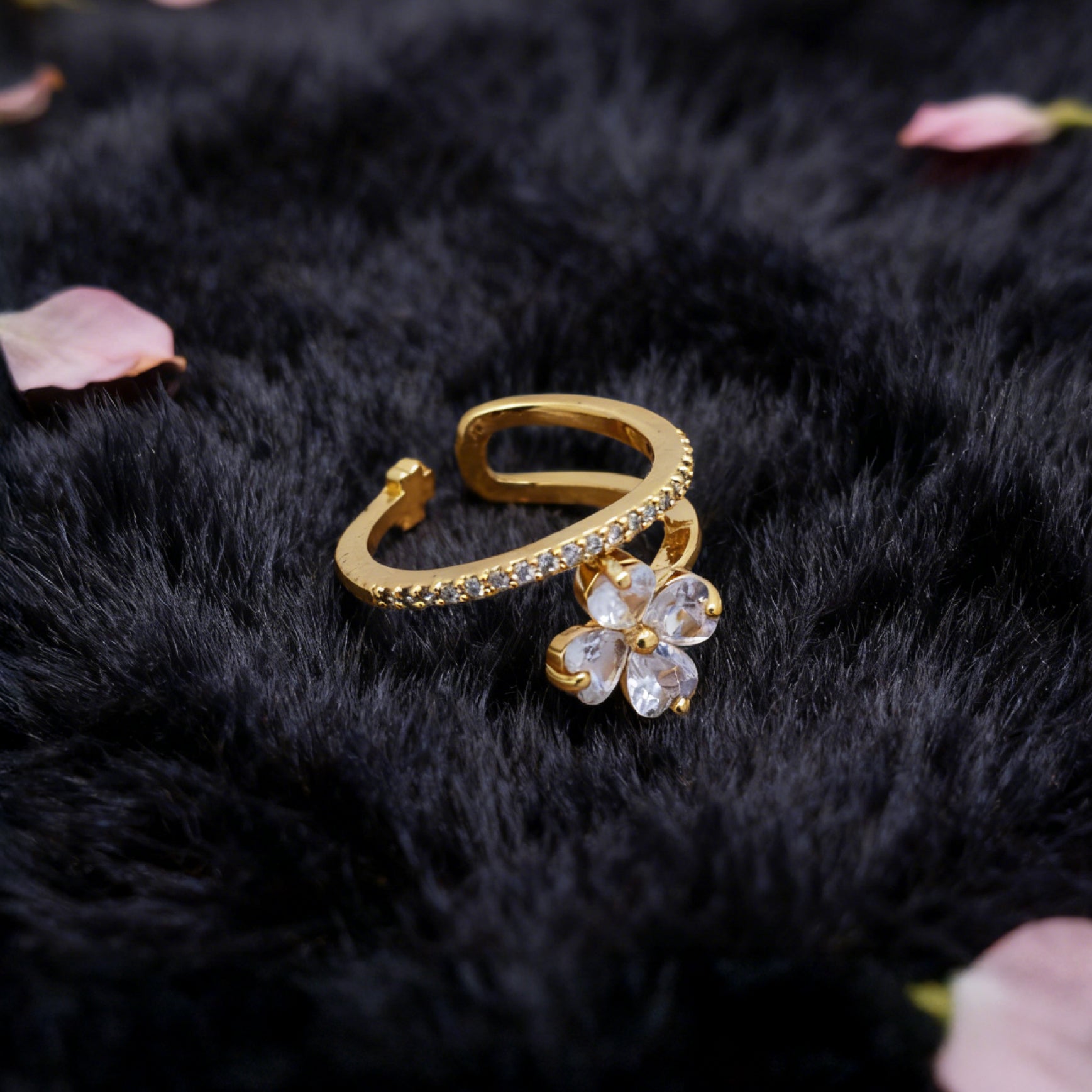 "Toujours" Lucky Bloom Open Ring — 18K Gold‑Plated, Crystal Style