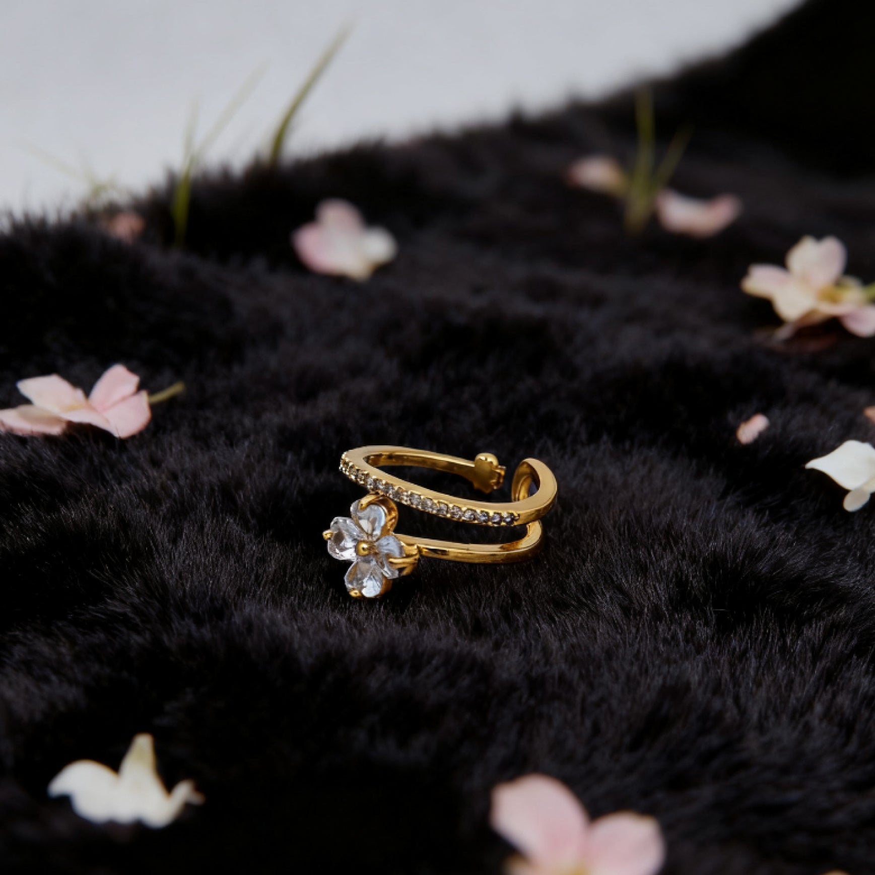 "Toujours" Lucky Bloom Open Ring — 18K Gold‑Plated, Crystal Style