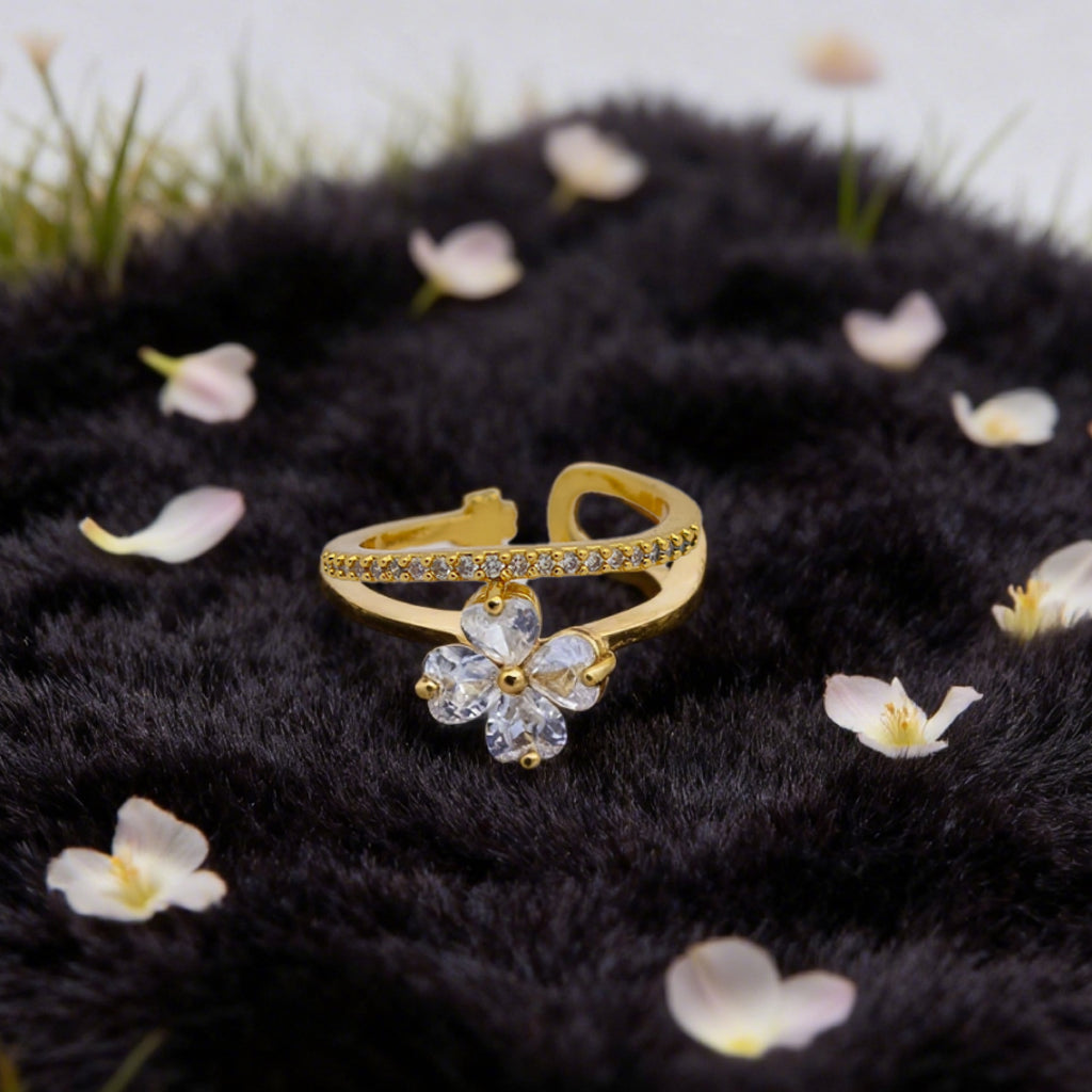 "Toujours" Lucky Bloom Open Ring — 18K Gold‑Plated, Crystal Style