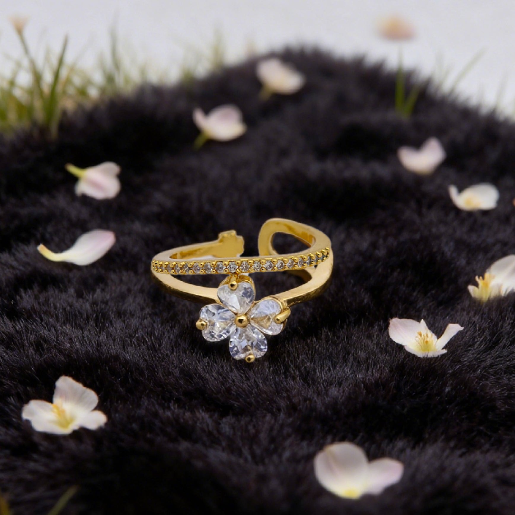 "Toujours" Lucky Bloom Open Ring — 18K Gold‑Plated, Crystal Style