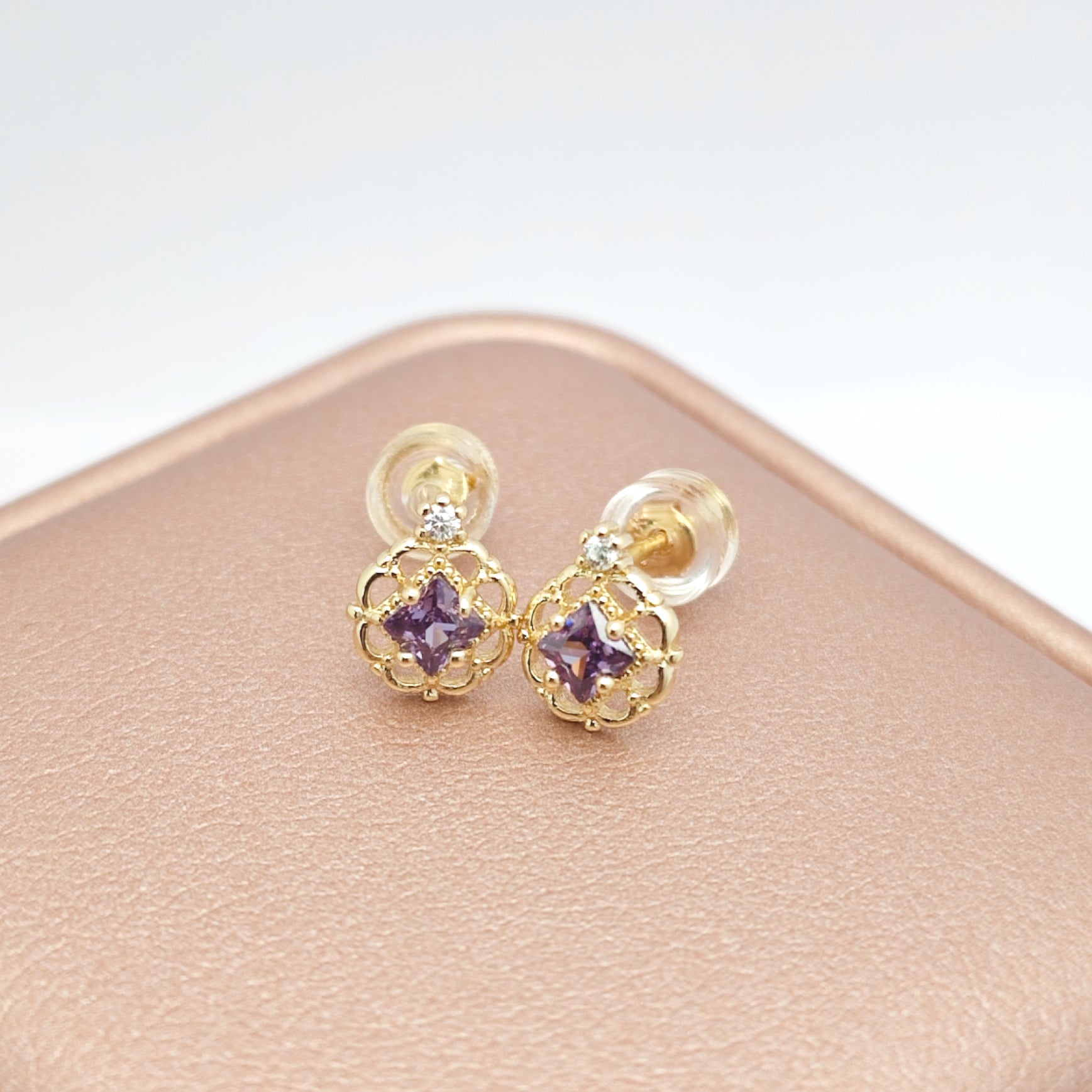 “Éclat” Mini Princess Earrings — 14K Gold‑Plated, Amethyst‑Style