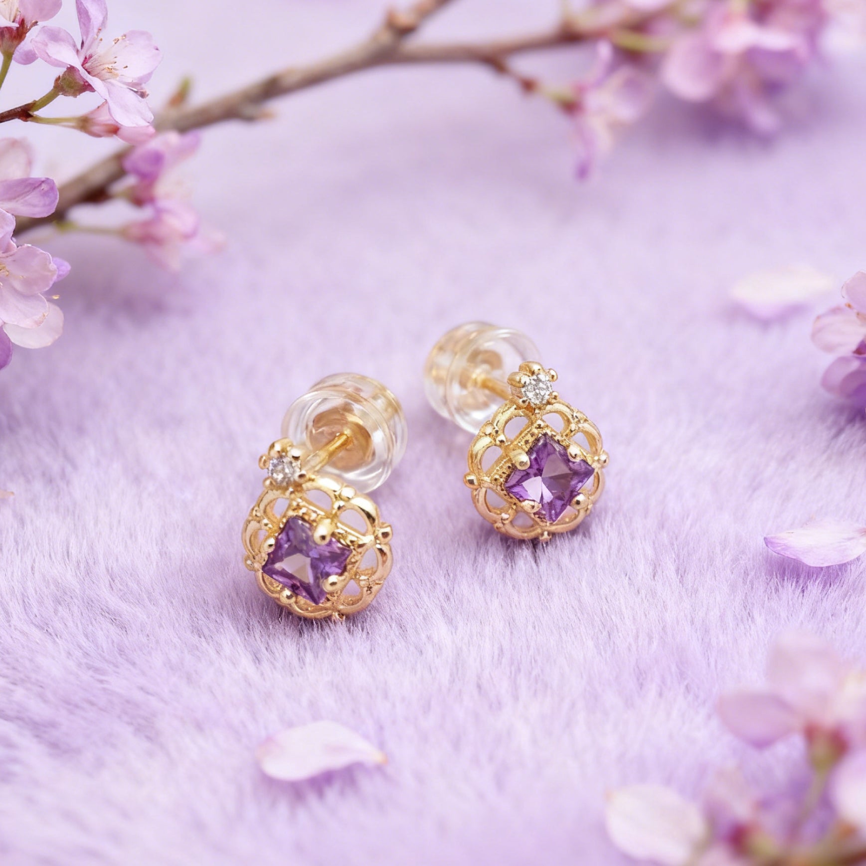 “Éclat” Mini Princess Earrings — 14K Gold‑Plated, Amethyst‑Style