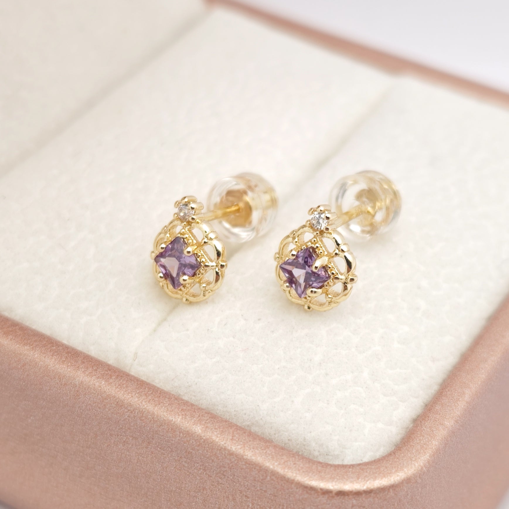 “Éclat” Mini Princess Earrings — 14K Gold‑Plated, Amethyst‑Style