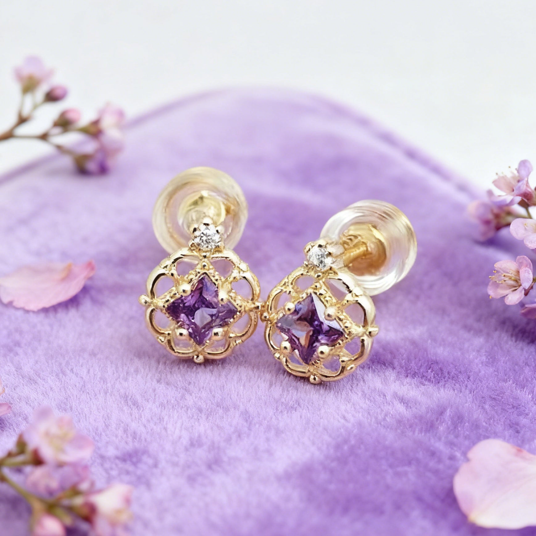 “Éclat” Mini Princess Earrings — 14K Gold‑Plated, Amethyst‑Style