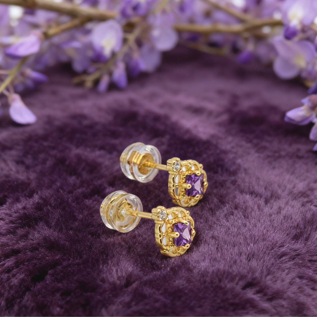 “Éclat” Mini Princess Earrings — 14K Gold‑Plated, Amethyst‑Style