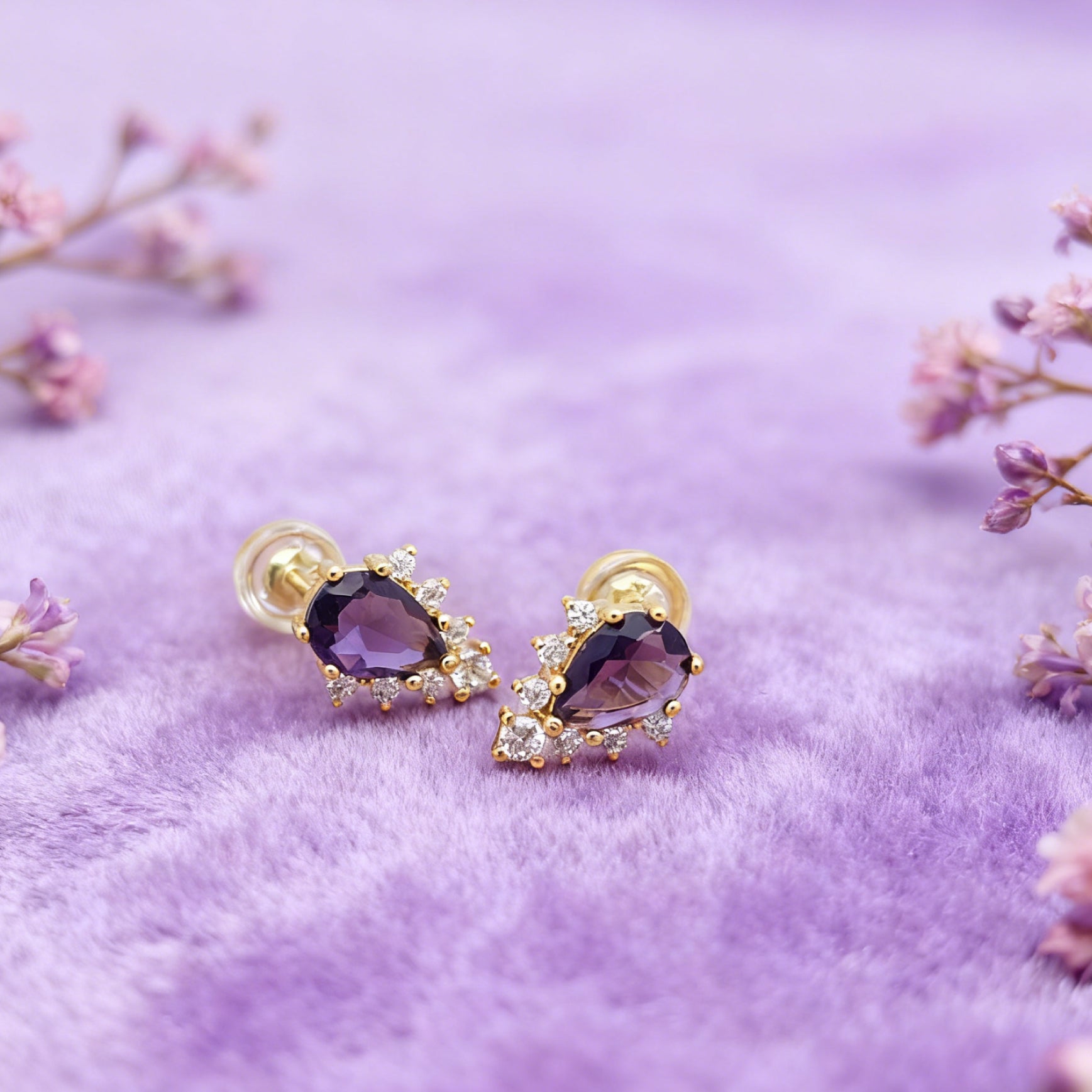 “Éclat” Violet Teardrop Earrings — 18K Gold‑Plated, Amethyst‑Style