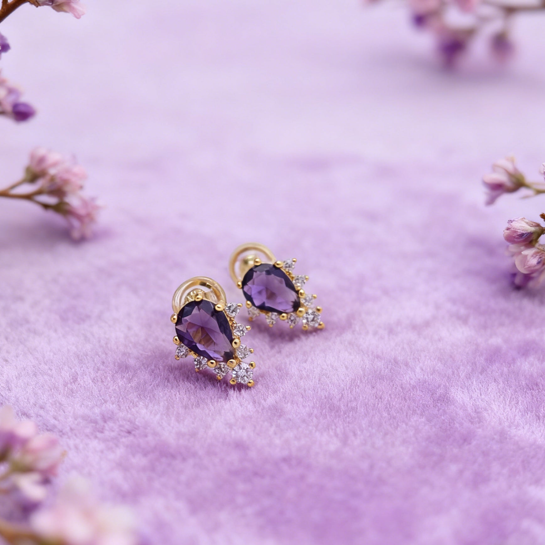 “Éclat” Violet Teardrop Earrings — 18K Gold‑Plated, Amethyst‑Style