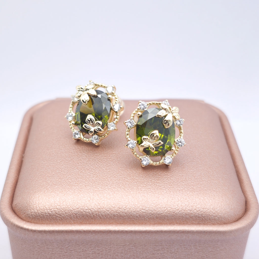 “Éclat” Woodland Muse Earrings — 14K Gold‑Plated, Olive‑Green Peridot Style