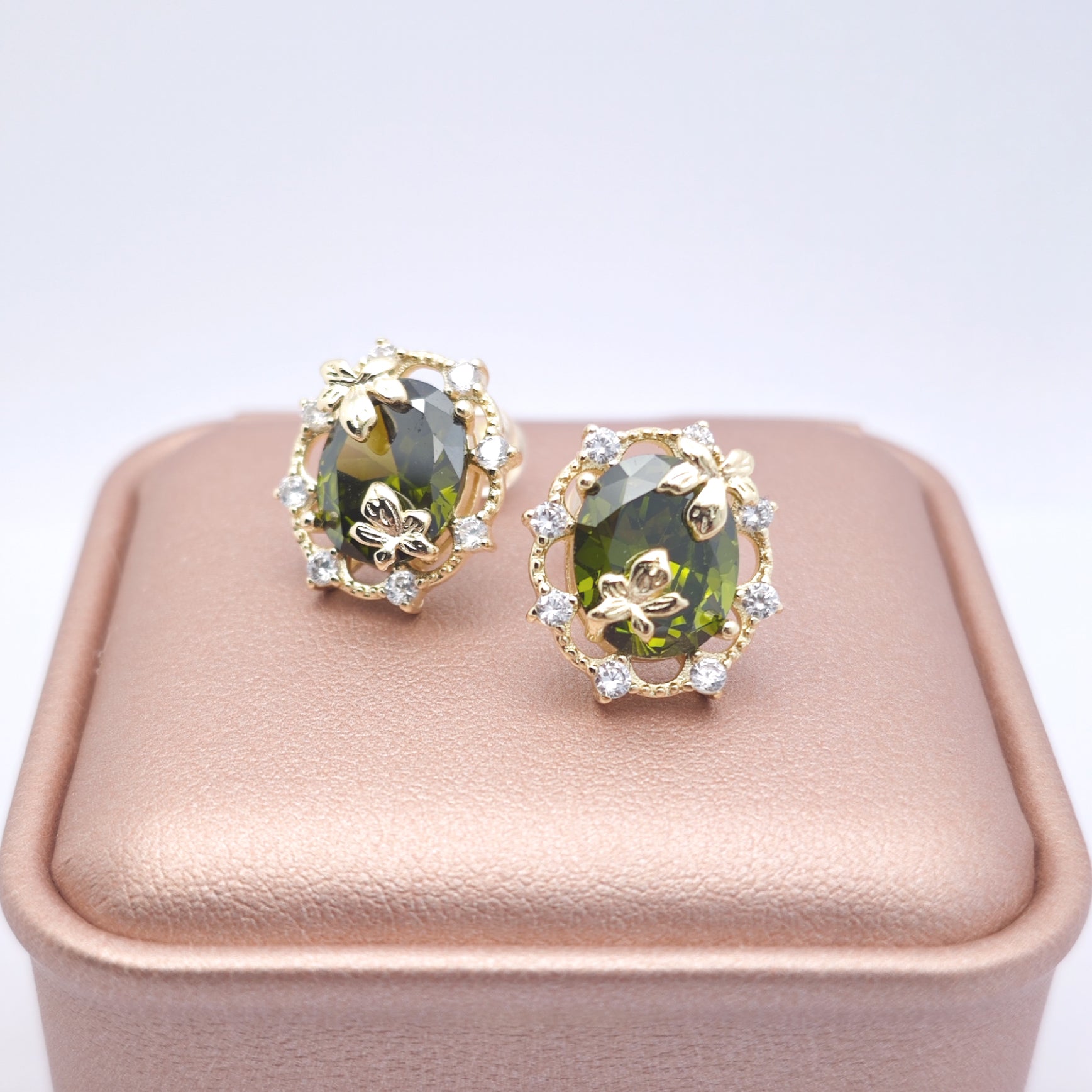 “Éclat” Woodland Muse Earrings — 14K Gold‑Plated, Olive‑Green Peridot Style