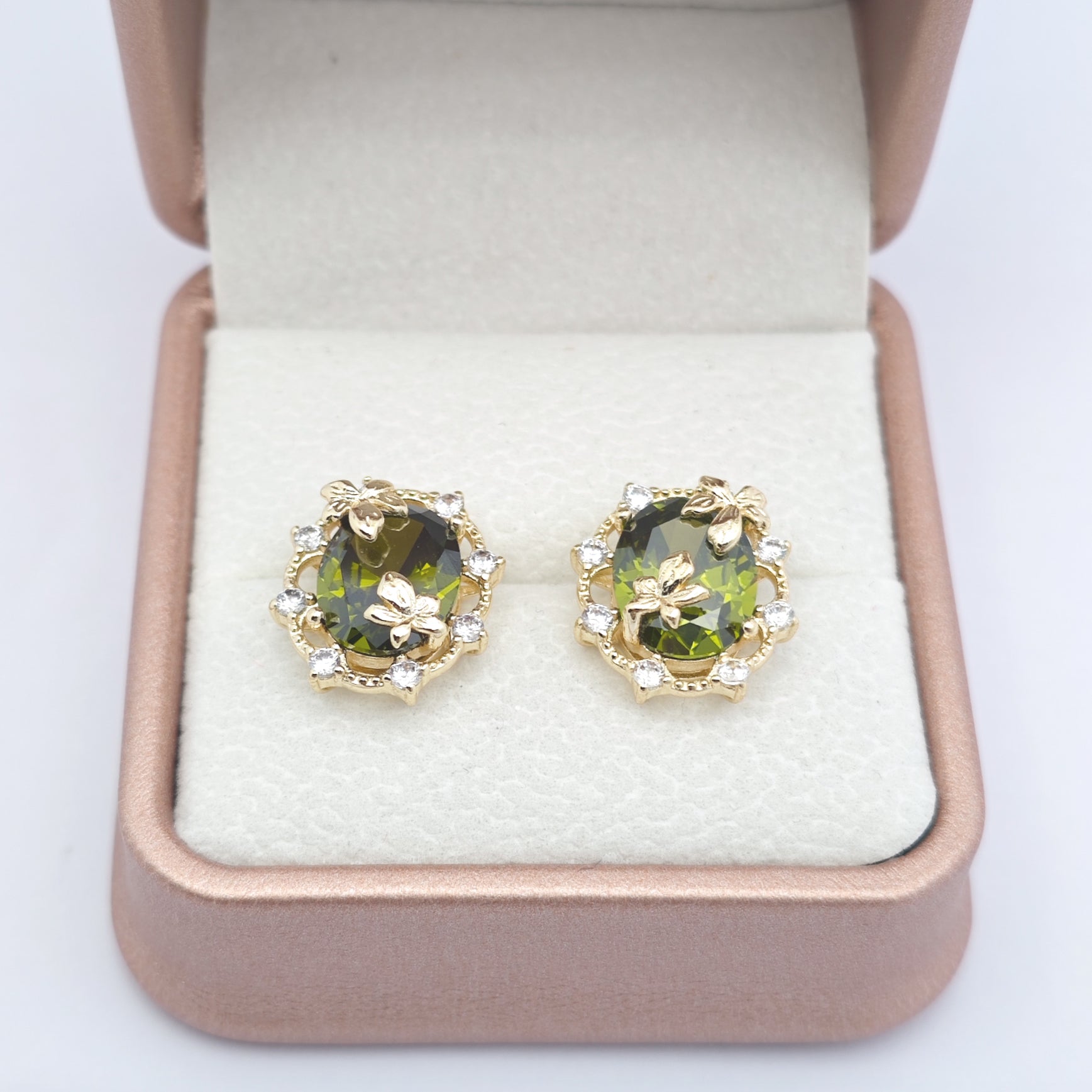 “Éclat” Woodland Muse Earrings — 14K Gold‑Plated, Olive‑Green Peridot Style