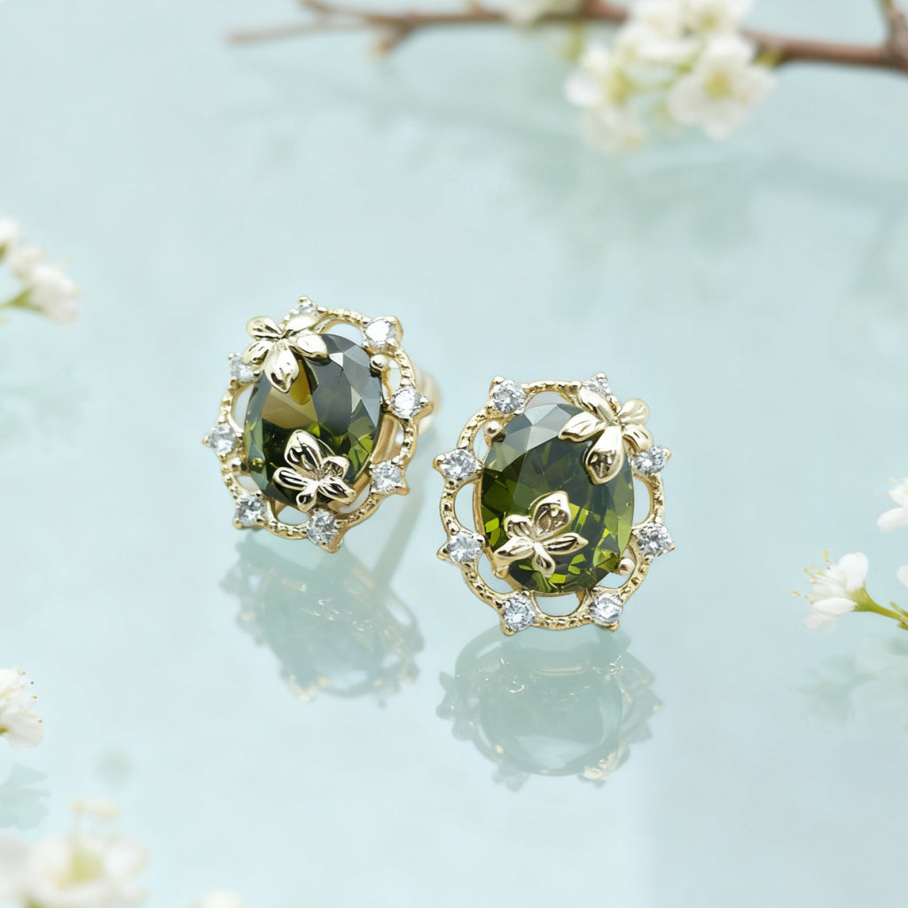 “Éclat” Woodland Muse Earrings — 14K Gold‑Plated, Olive‑Green Peridot Style