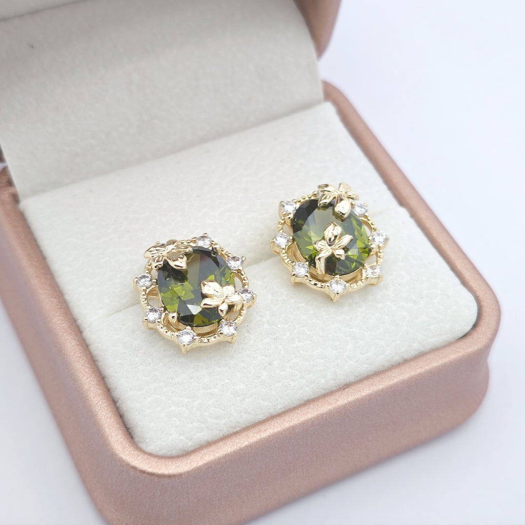 “Éclat” Woodland Muse Earrings — 14K Gold‑Plated, Olive‑Green Peridot Style