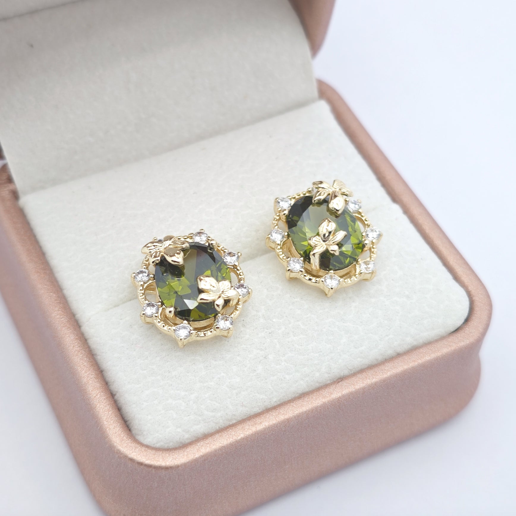 “Éclat” Woodland Muse Earrings — 14K Gold‑Plated, Olive‑Green Peridot Style
