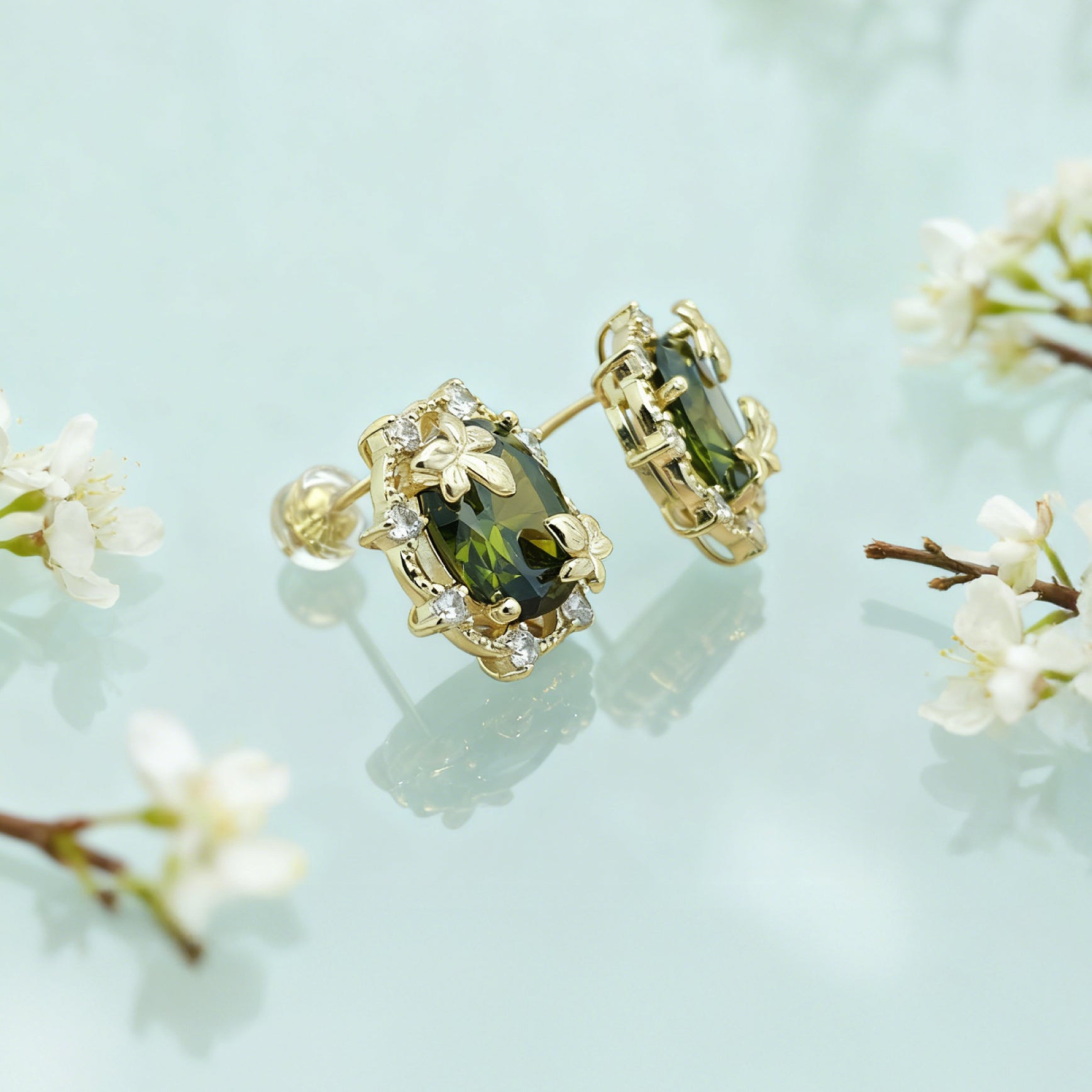 “Éclat” Woodland Muse Earrings — 14K Gold‑Plated, Olive‑Green Peridot Style