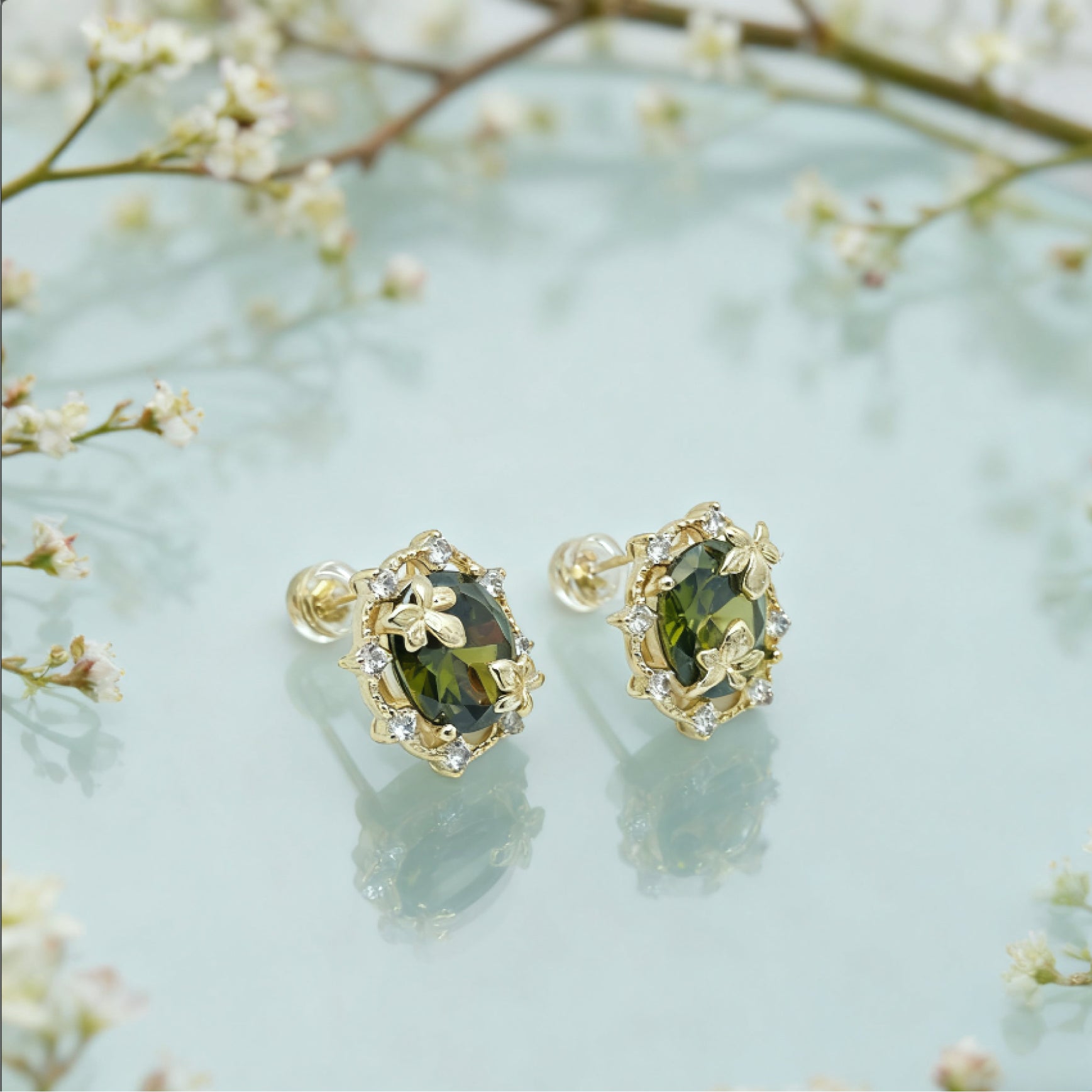 “Éclat” Woodland Muse Earrings — 14K Gold‑Plated, Olive‑Green Peridot Style