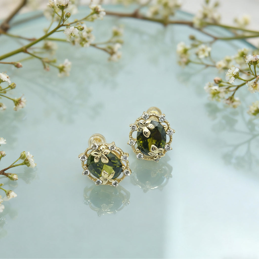 “Éclat” Woodland Muse Earrings — 14K Gold‑Plated, Olive‑Green Peridot Style