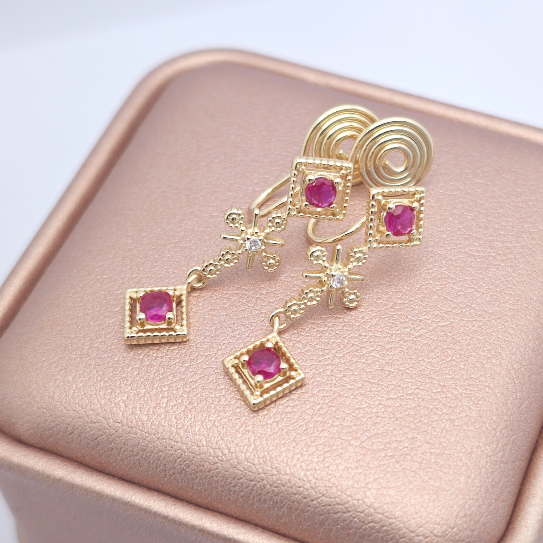 “Éclat” Ruby Glimmer Cascade Earrings — 14K Gold‑Plated, Gemstone-Style Accents