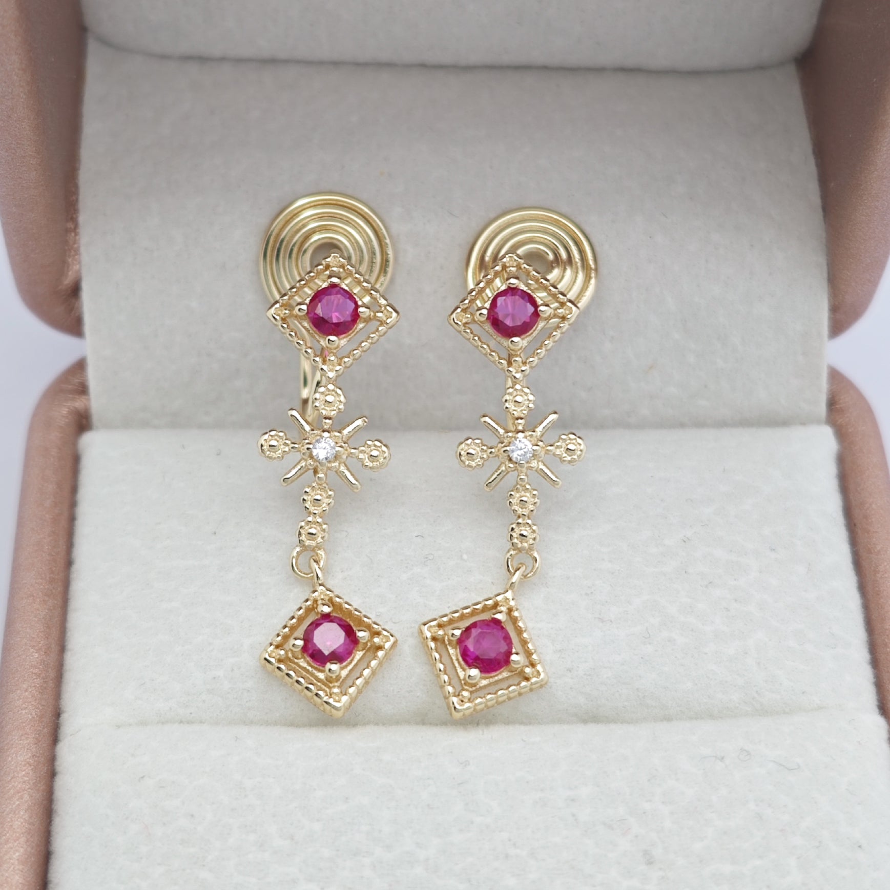 “Éclat” Ruby Glimmer Cascade Earrings — 14K Gold‑Plated, Gemstone-Style Accents