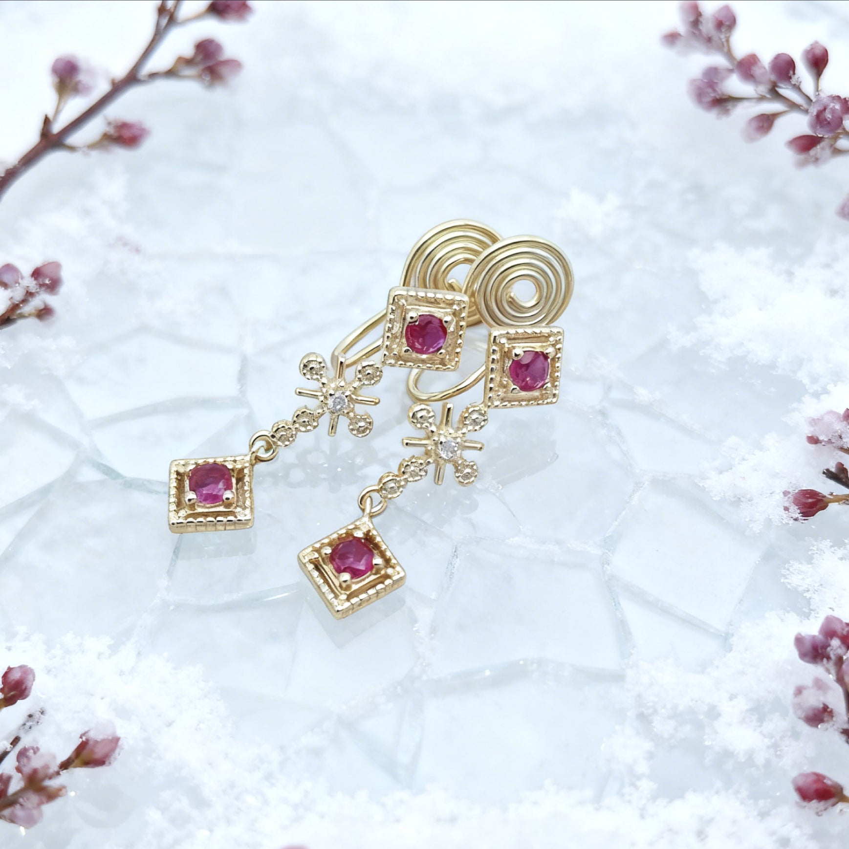 “Éclat” Ruby Glimmer Cascade Earrings — 14K Gold‑Plated, Gemstone-Style Accents