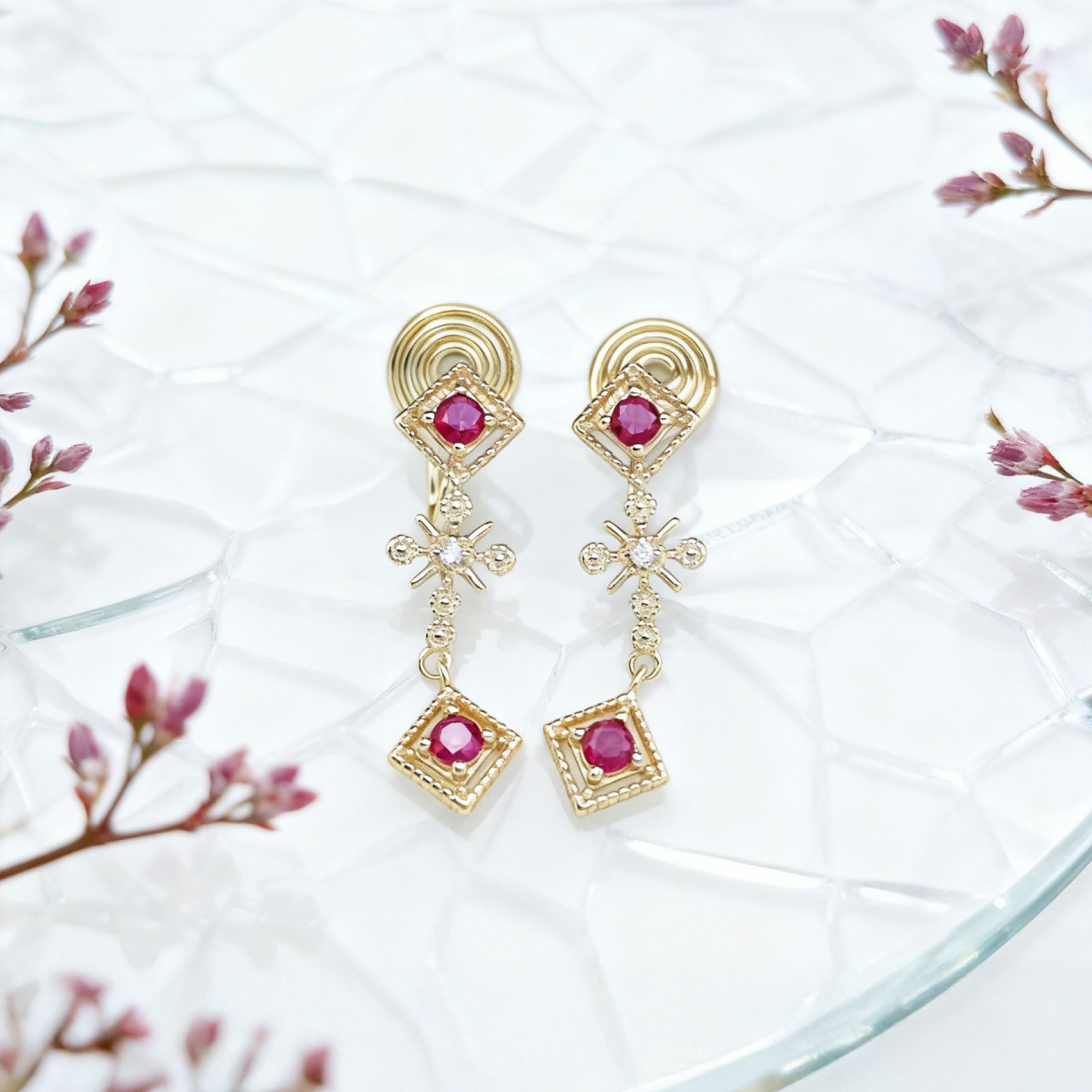 “Éclat” Ruby Glimmer Cascade Earrings — 14K Gold‑Plated, Gemstone-Style Accents
