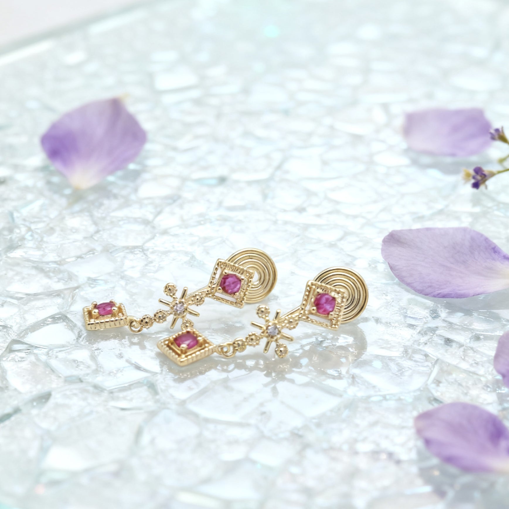 “Éclat” Ruby Glimmer Cascade Earrings — 14K Gold‑Plated, Gemstone-Style Accents