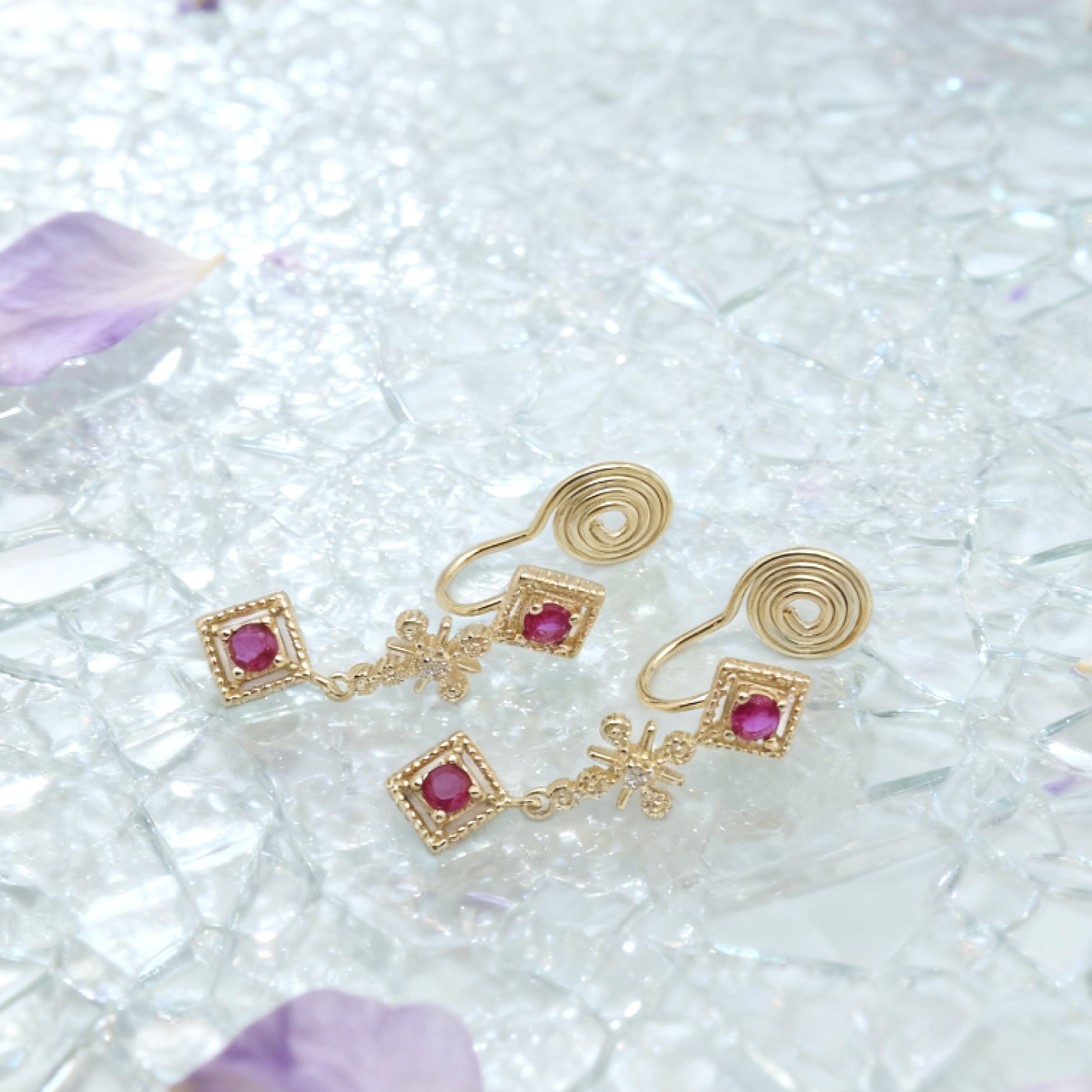 “Éclat” Ruby Glimmer Cascade Earrings — 14K Gold‑Plated, Gemstone-Style Accents